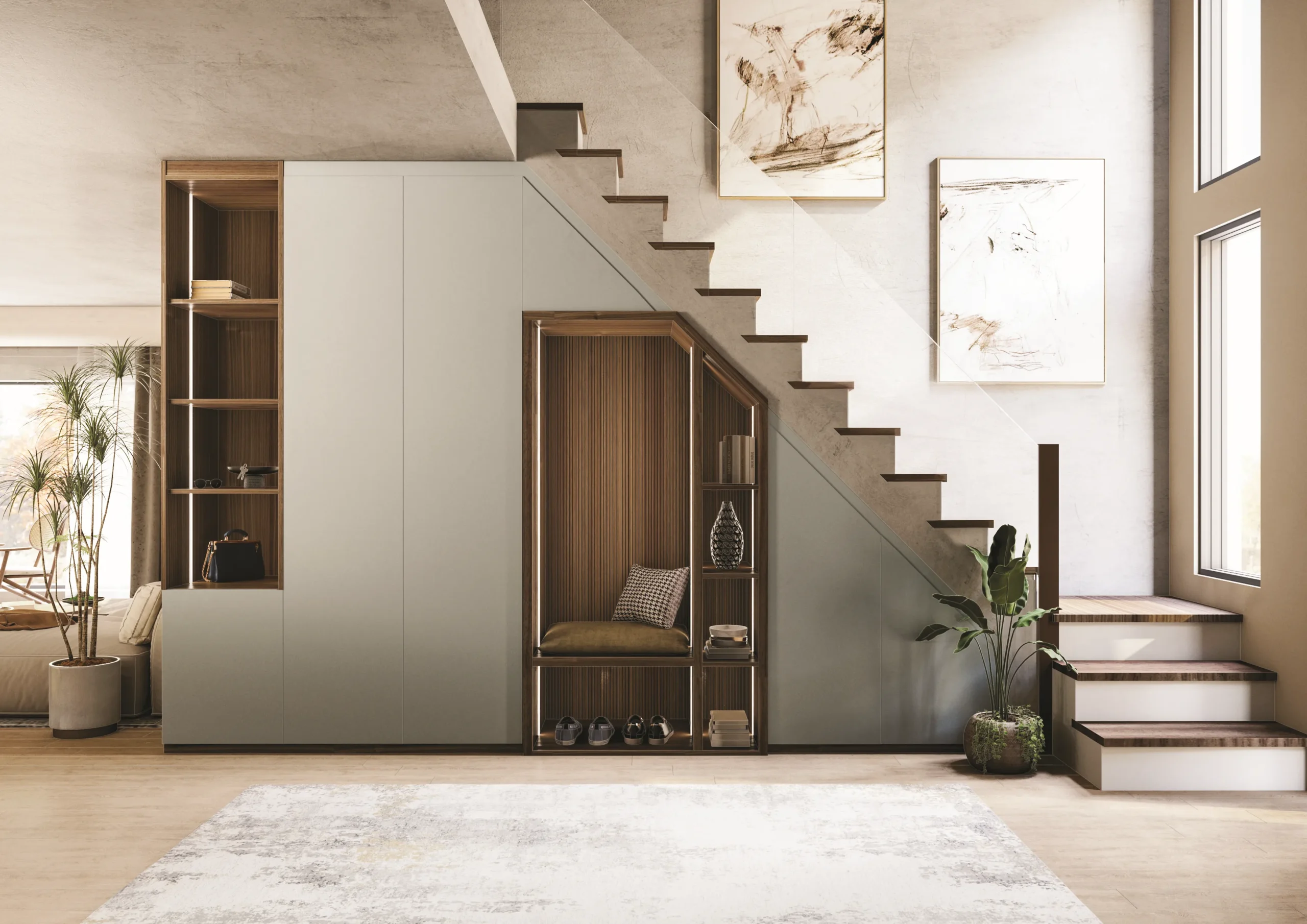 Rangement sous escalier sur mesure avec portes battantes, niches ouvertes et assise intégrée