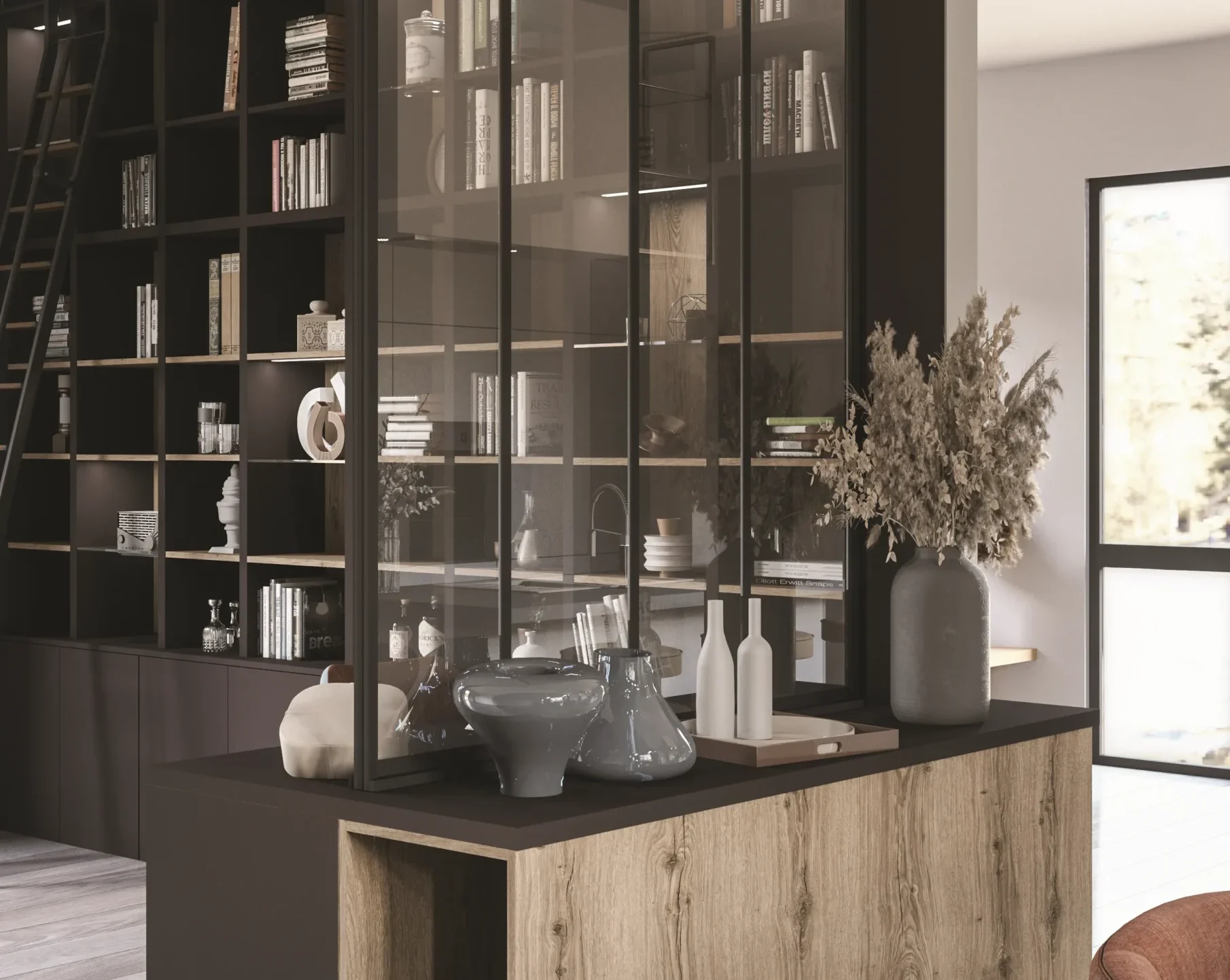 Verrière atelier sur mesure avec bibliothèque intégrée pour séparer le bureau de la pièce de vie