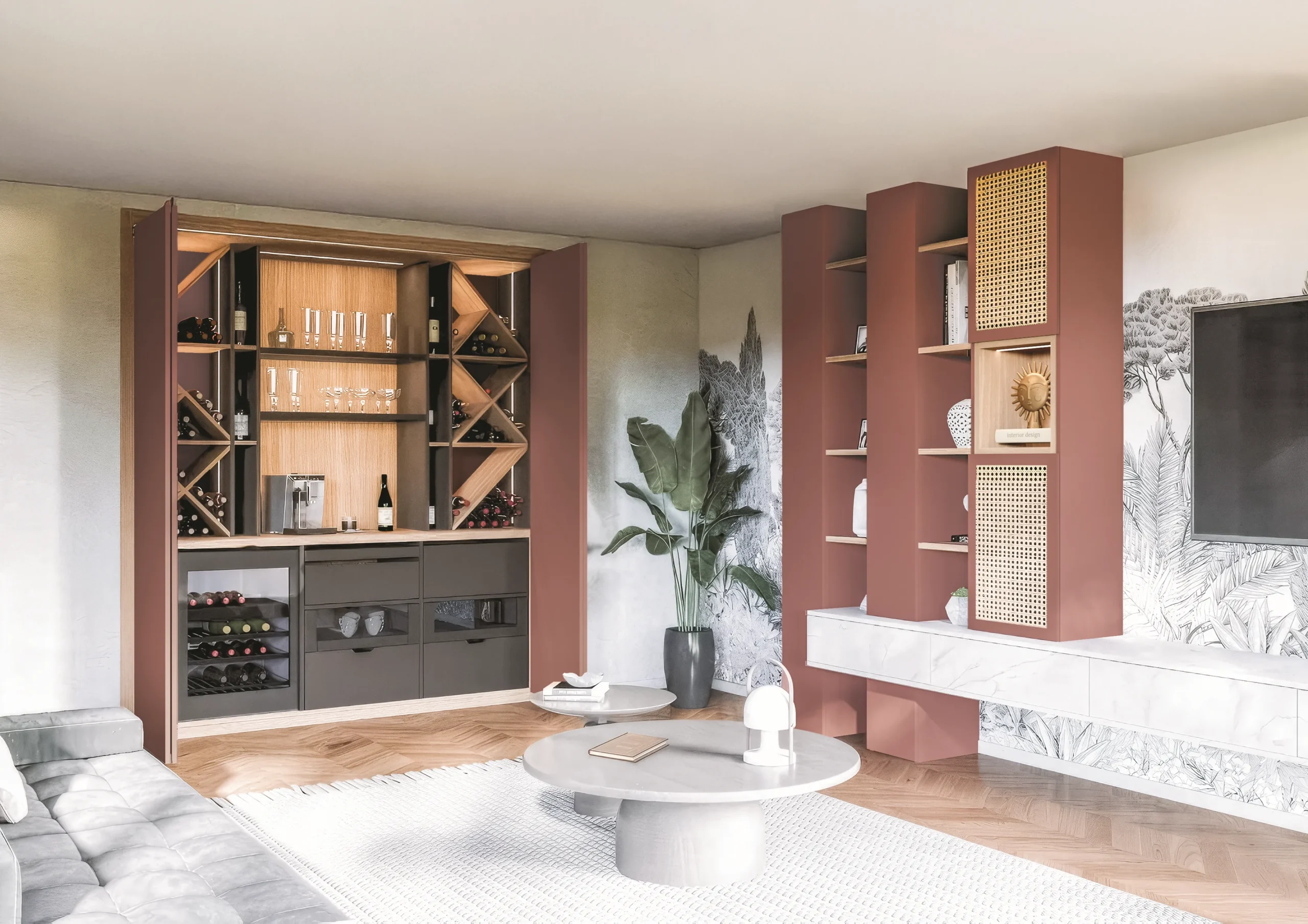 Salon avec meuble TV sur mesure, colonnes décoratives, rangements ouverts et espace bar intégré
