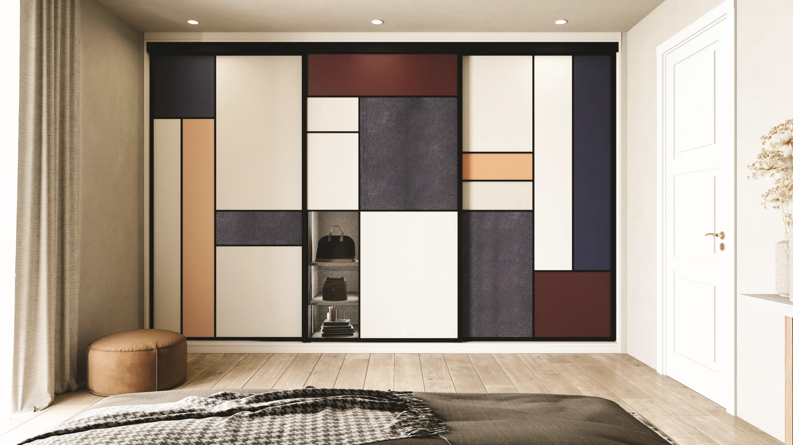 Placard coulissant sur mesure style Mondrian avec panneaux graphiques colorés dans une chambre