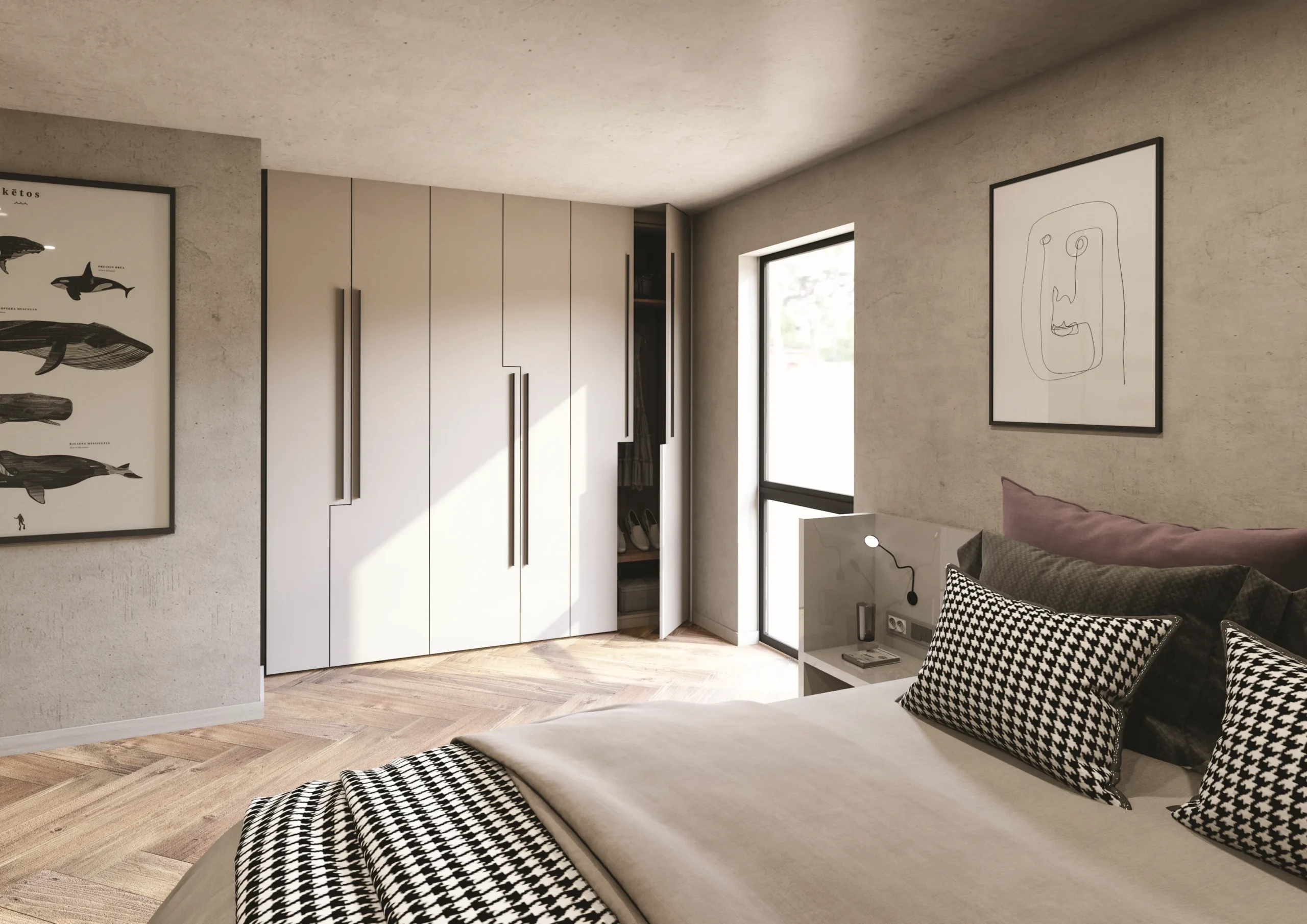 Placard sur mesure à portes battantes avec découpes intégrées et rangement d’angle dans une chambre