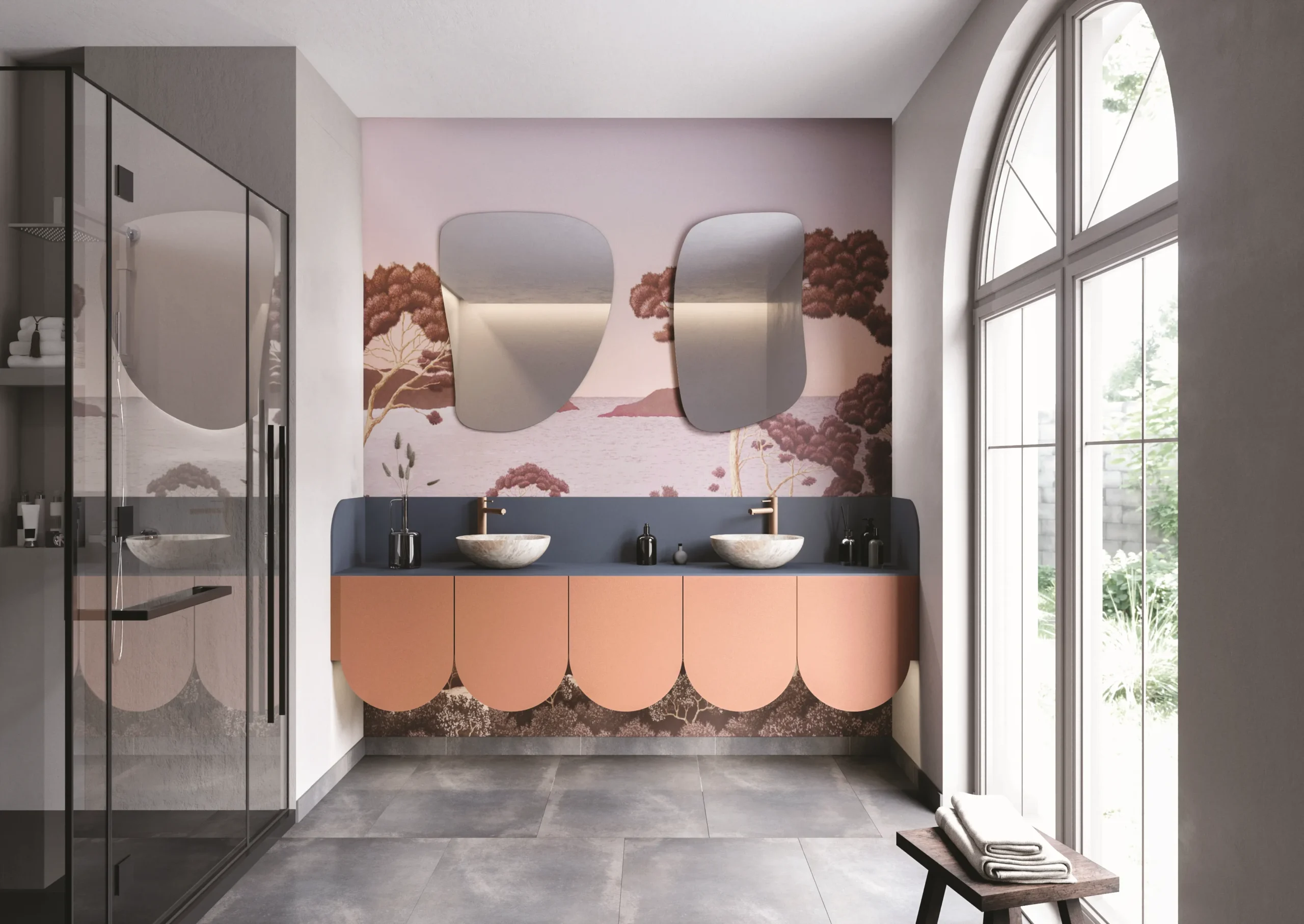 Salle de bain sur mesure colorée avec meuble double vasque, façade arrondie et décor mural panoramique