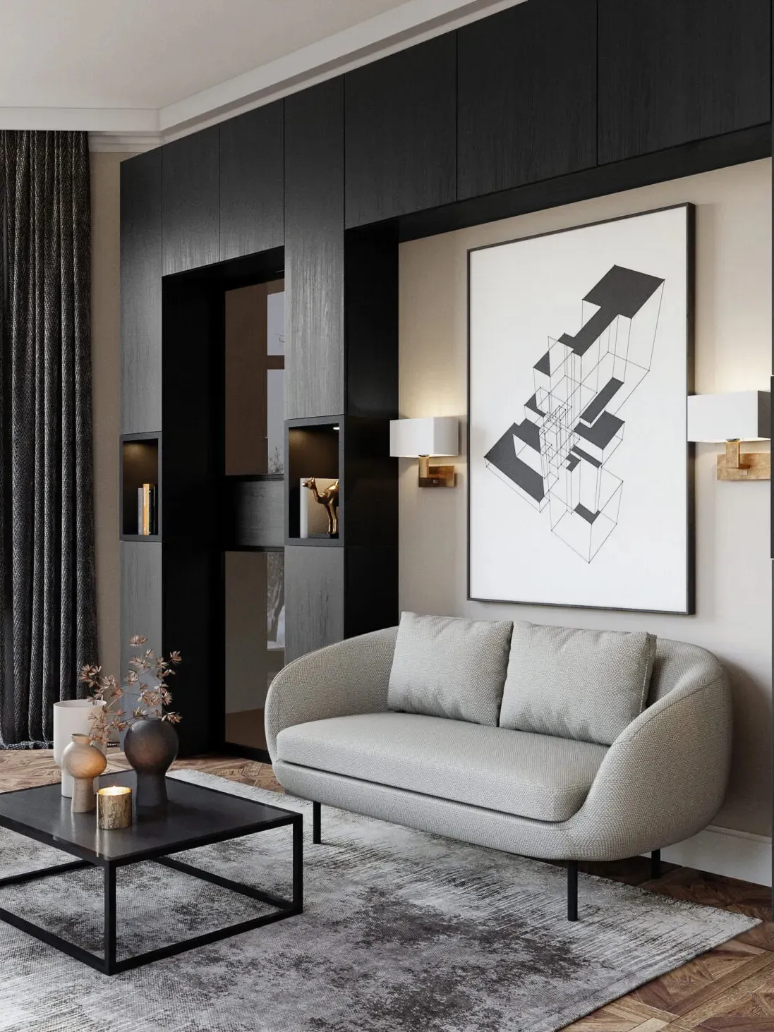 Aménagement mural sur mesure noir avec niches décoratives intégrées autour d’un canapé dans un salon contemporain.