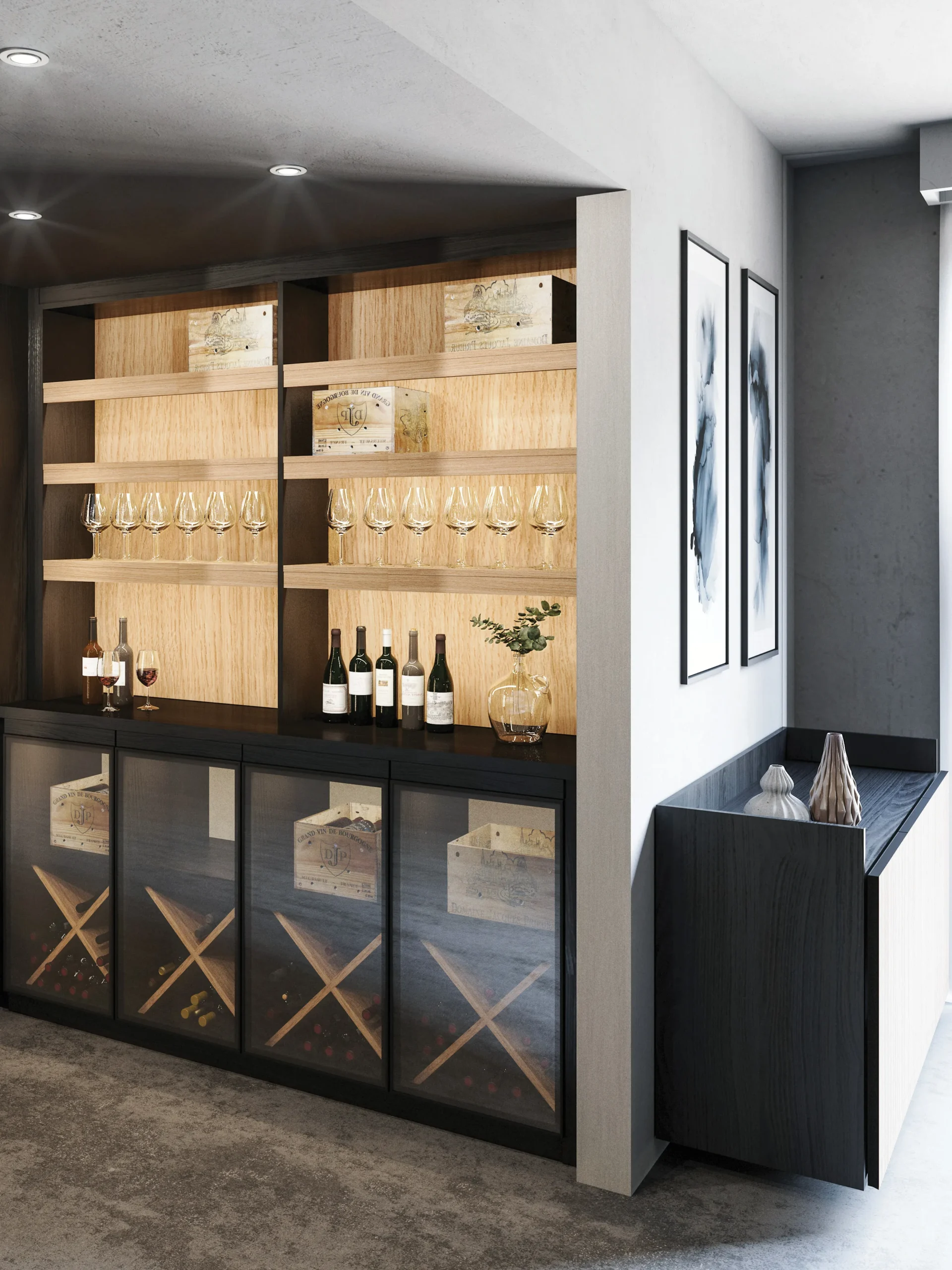Espace cave à vin sur mesure avec étagères rétroéclairées, verres suspendus, meubles bas vitrés et casiers à bouteilles intégrés dans un intérieur contemporain.