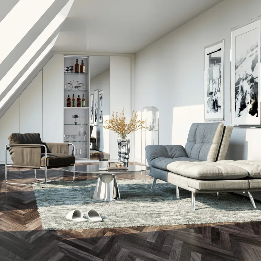 Salon sous combles avec rangements sur mesure, vitrine intégrée et mobilier contemporain dans un espace lumineux.