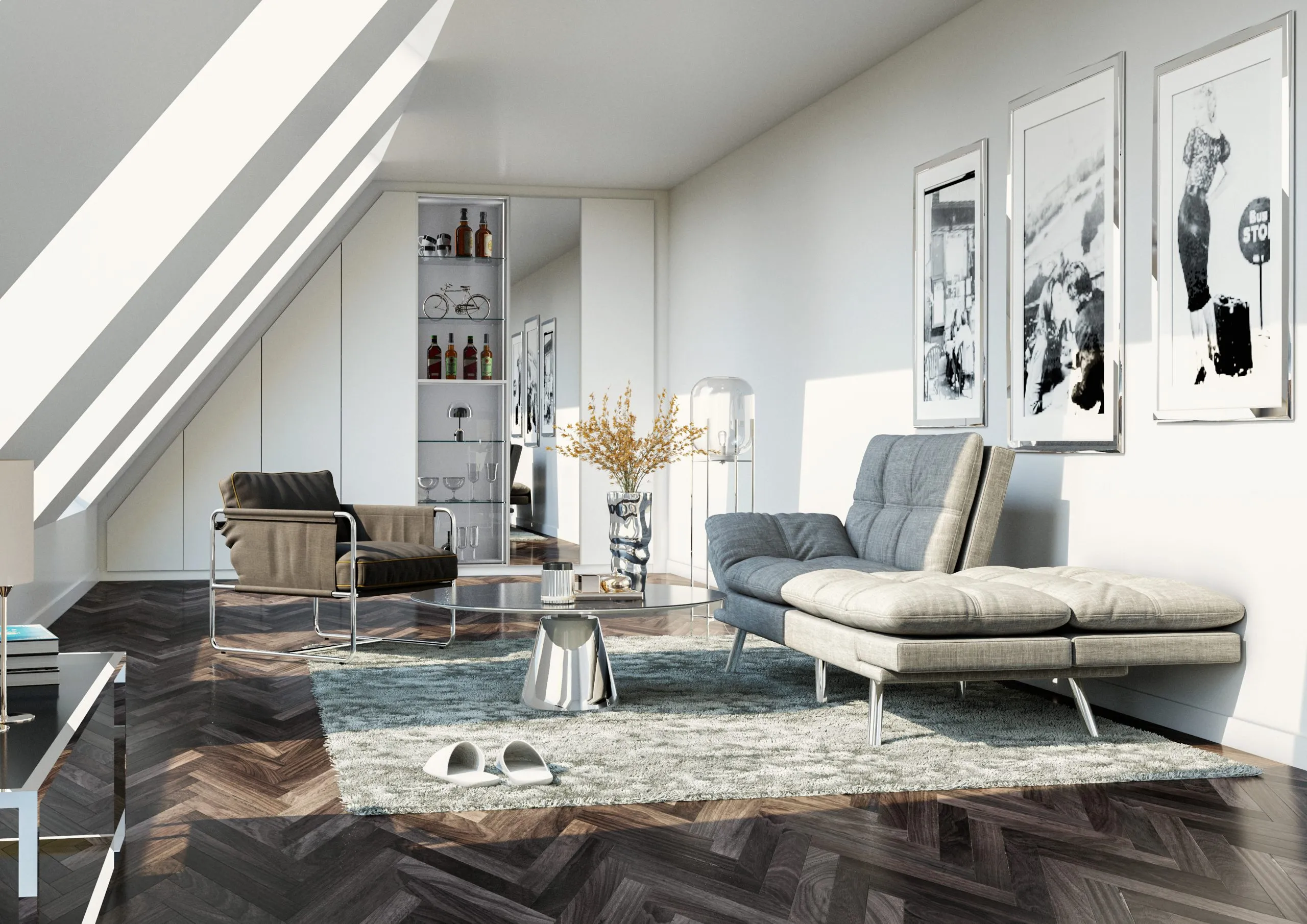 Salon sous combles avec rangements sur mesure, vitrine intégrée et mobilier contemporain dans un espace lumineux.