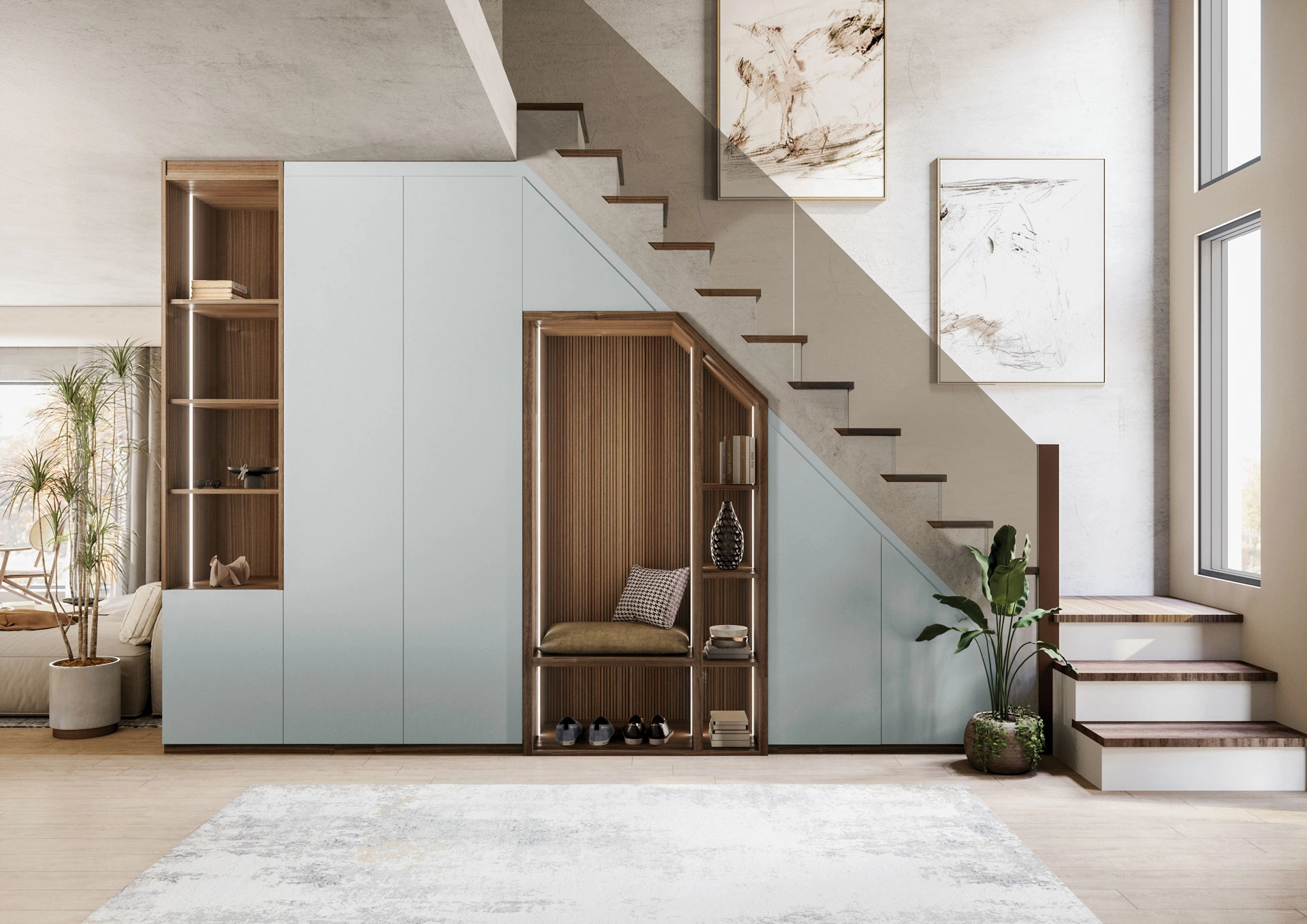 Aménagement sous-escalier sur mesure avec placards intégrés, banquette en niche, étagères décoratives et finitions bois dans une entrée contemporaine lumineuse.