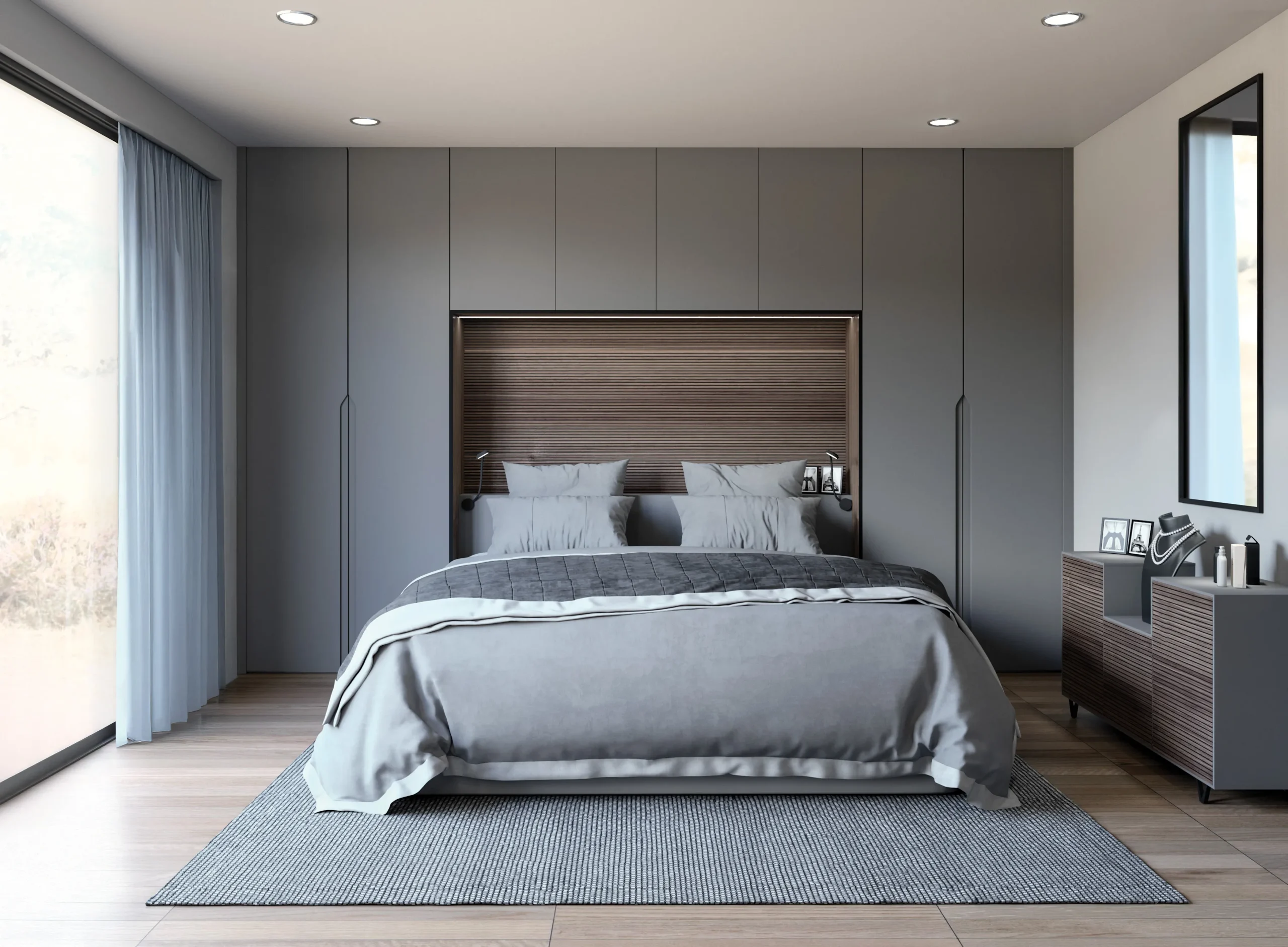 Armoire dressing sur mesure avec portes toute hauteur, tête de lit intégrée et finitions gris mat dans une chambre contemporaine.