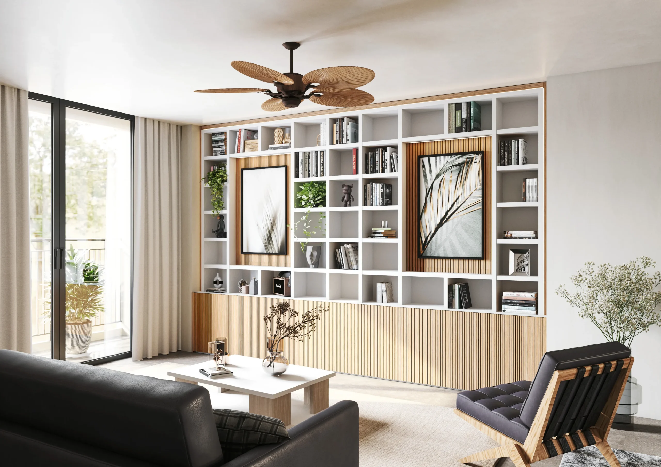 Bibliothèque blanche sur mesure avec niches ouvertes, façades rainurées décor bois et espaces décoratifs dans un salon lumineux.