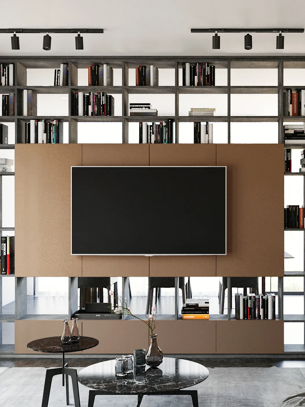 Composition murale sur mesure avec bibliothèque graphique, niches ouvertes, rangements bas et panneau central accueillant un téléviseur dans un salon contemporain.