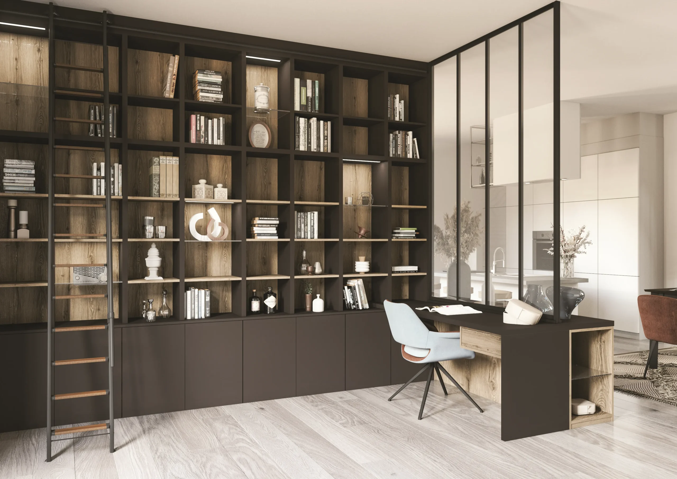 Grande bibliothèque sur mesure avec échelle, niches ouvertes, rangements bas, bureau intégré et verrière intérieure.