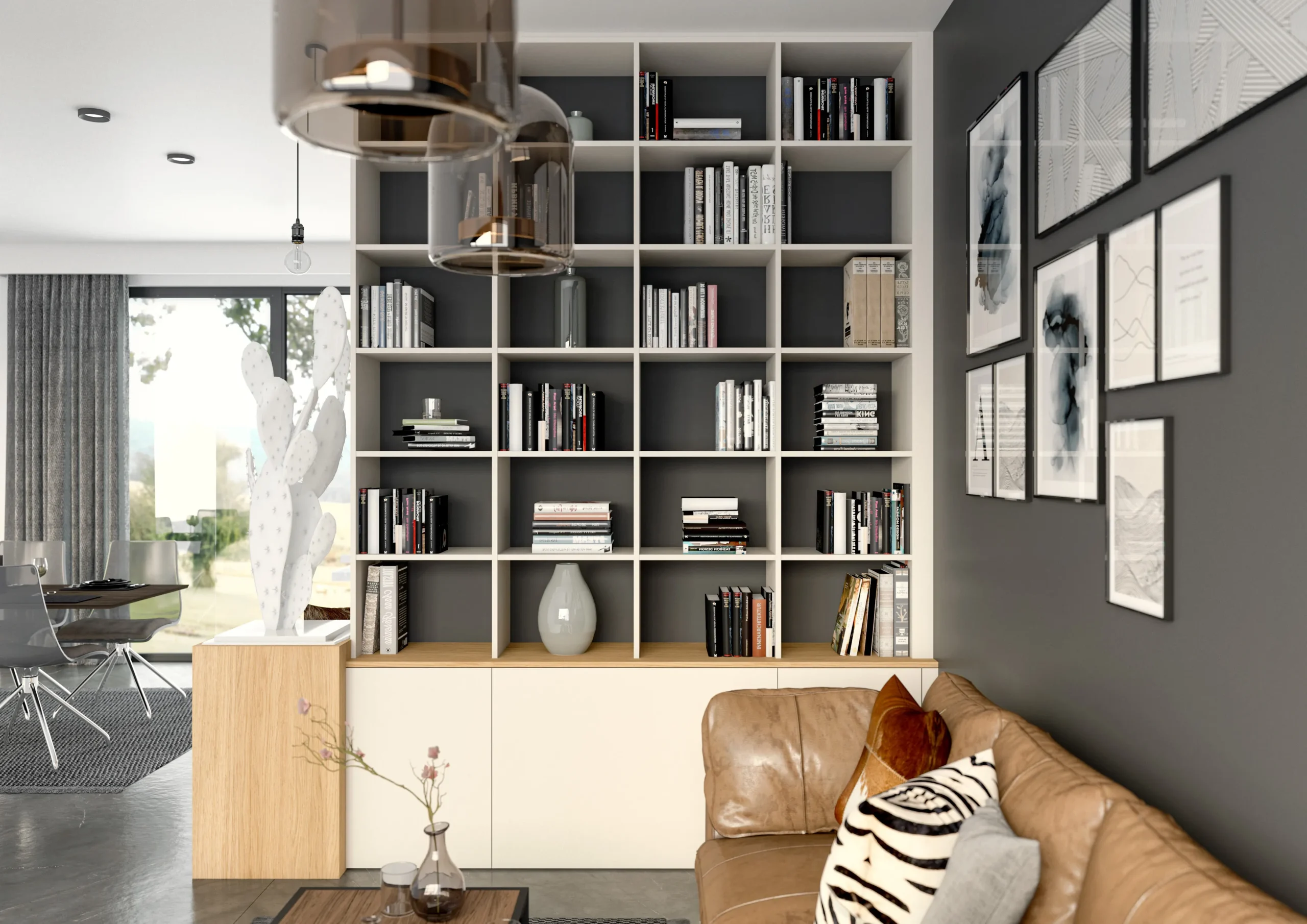 Bibliothèque sur mesure blanche avec niches ouvertes, rangements bas et claustra décor bois pour structurer le séjour.