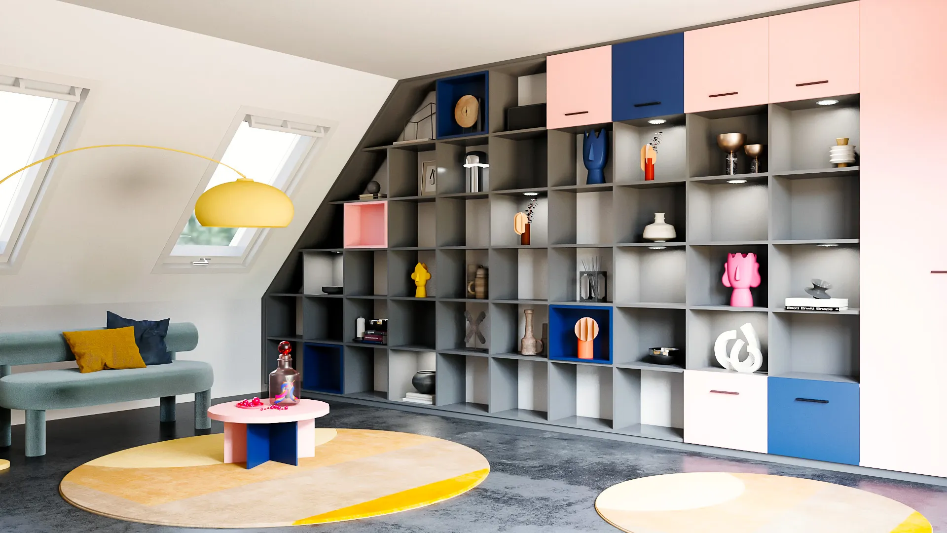 Bibliothèque sur mesure sous combles avec niches décoratives, façades colorées et rangements fermés.