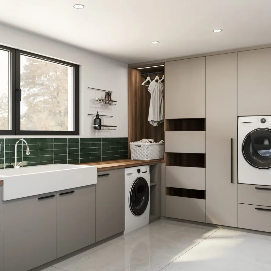 Buanderie sur mesure avec évier, lave-linge, armoire haute, tiroirs coulissants et crédence vert foncé.