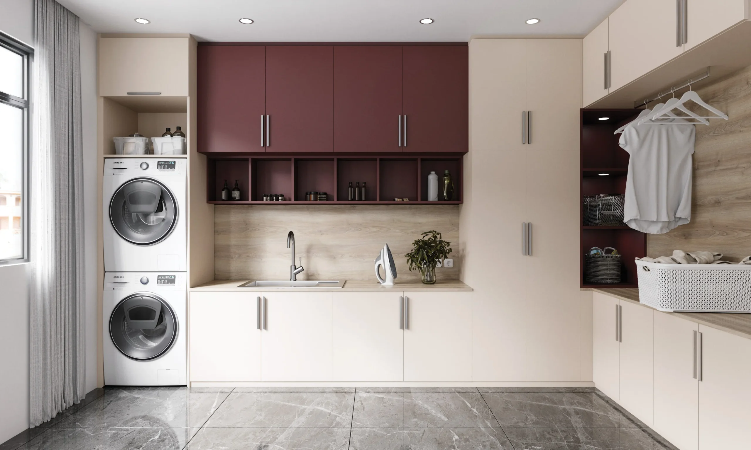 Buanderie sur mesure avec lave-linge, sèche-linge, rangements fermés, penderie et plan de travail en décor bois.