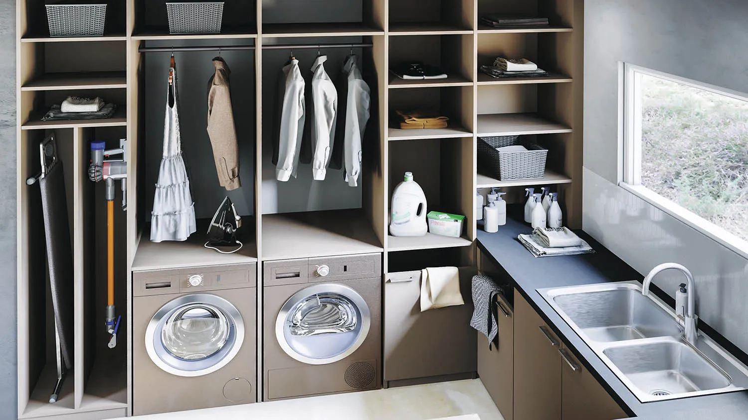 Buanderie sur mesure avec lave-linge, sèche-linge, penderie, rangements ouverts et plan de travail avec évier.