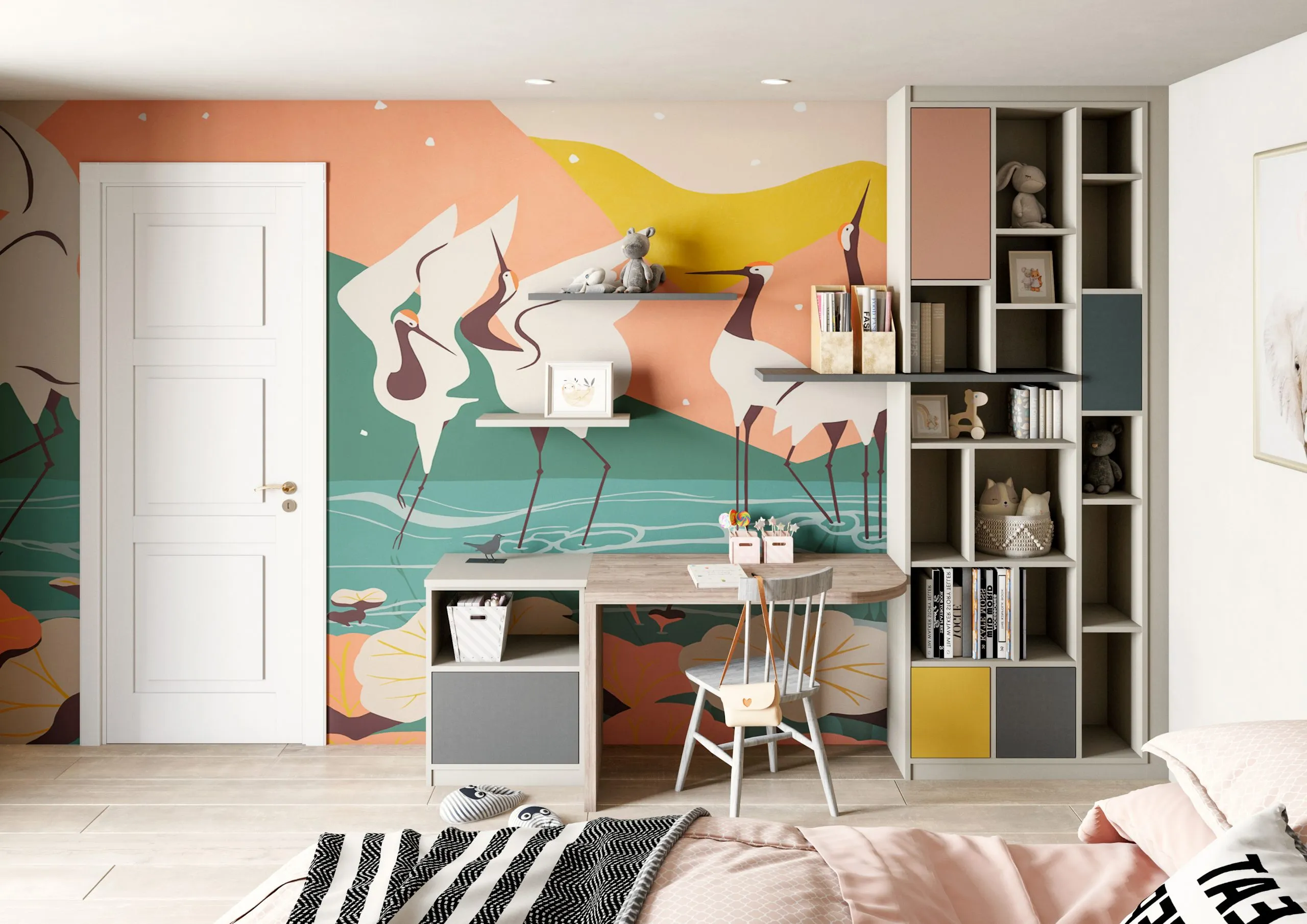 Chambre enfant avec bureau sur-mesure, rangements ouverts et papier peint illustré aux couleurs douces.