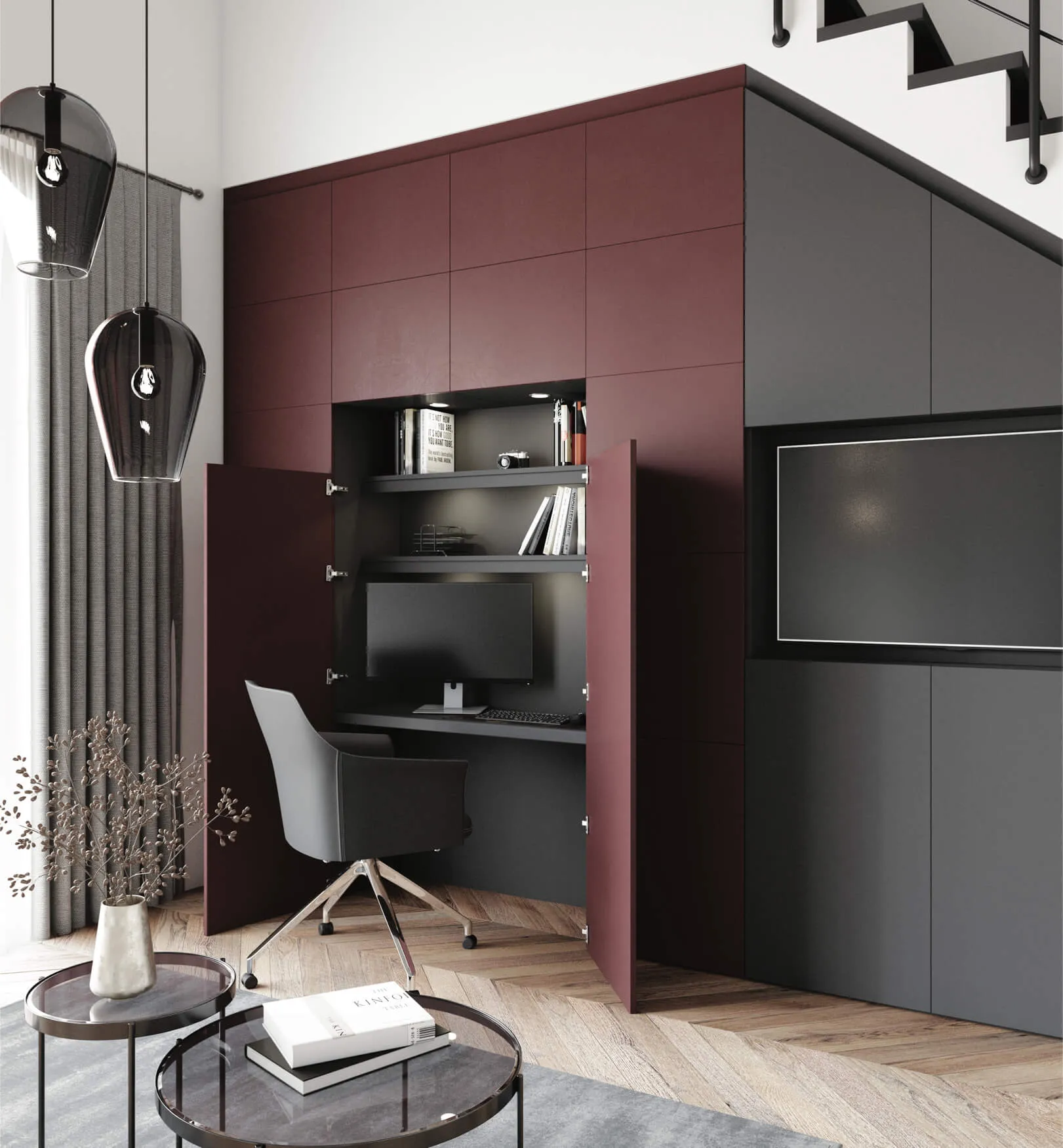Bureau escamotable intégré dans un meuble sur mesure bordeaux et gris, avec rangements fermés et espace de travail discret.