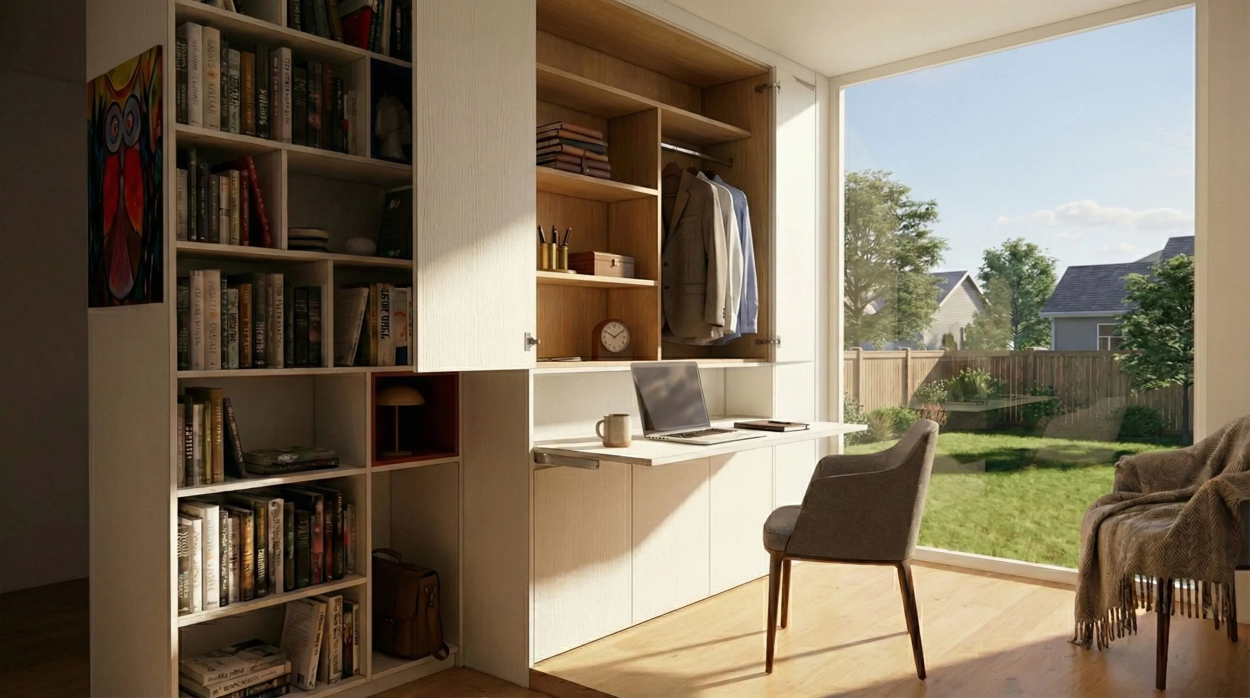 Espace bureau sur-mesure avec bibliothèque, penderie intégrée, rangements fermés et grande ouverture sur le jardin.