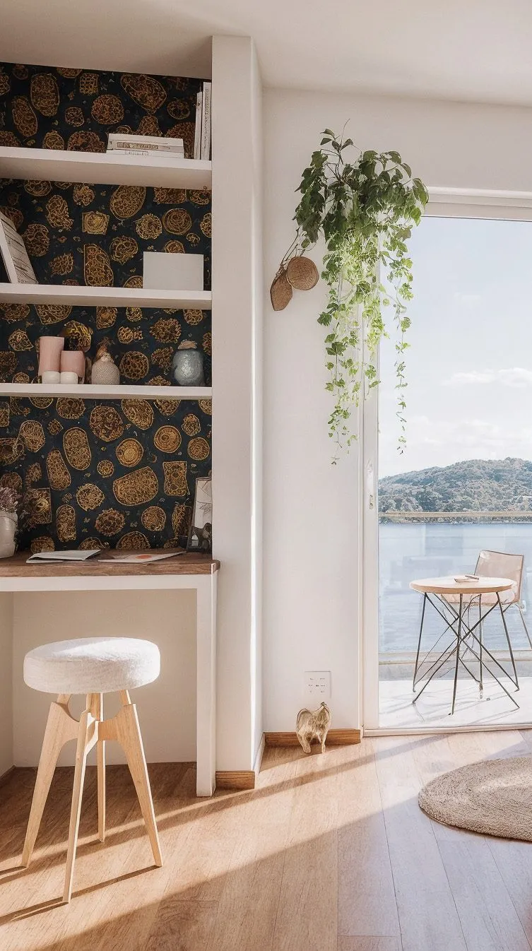 Bureau aménagé dans un renfoncement avec étagères blanches, plan de travail bois et papier peint décoratif.