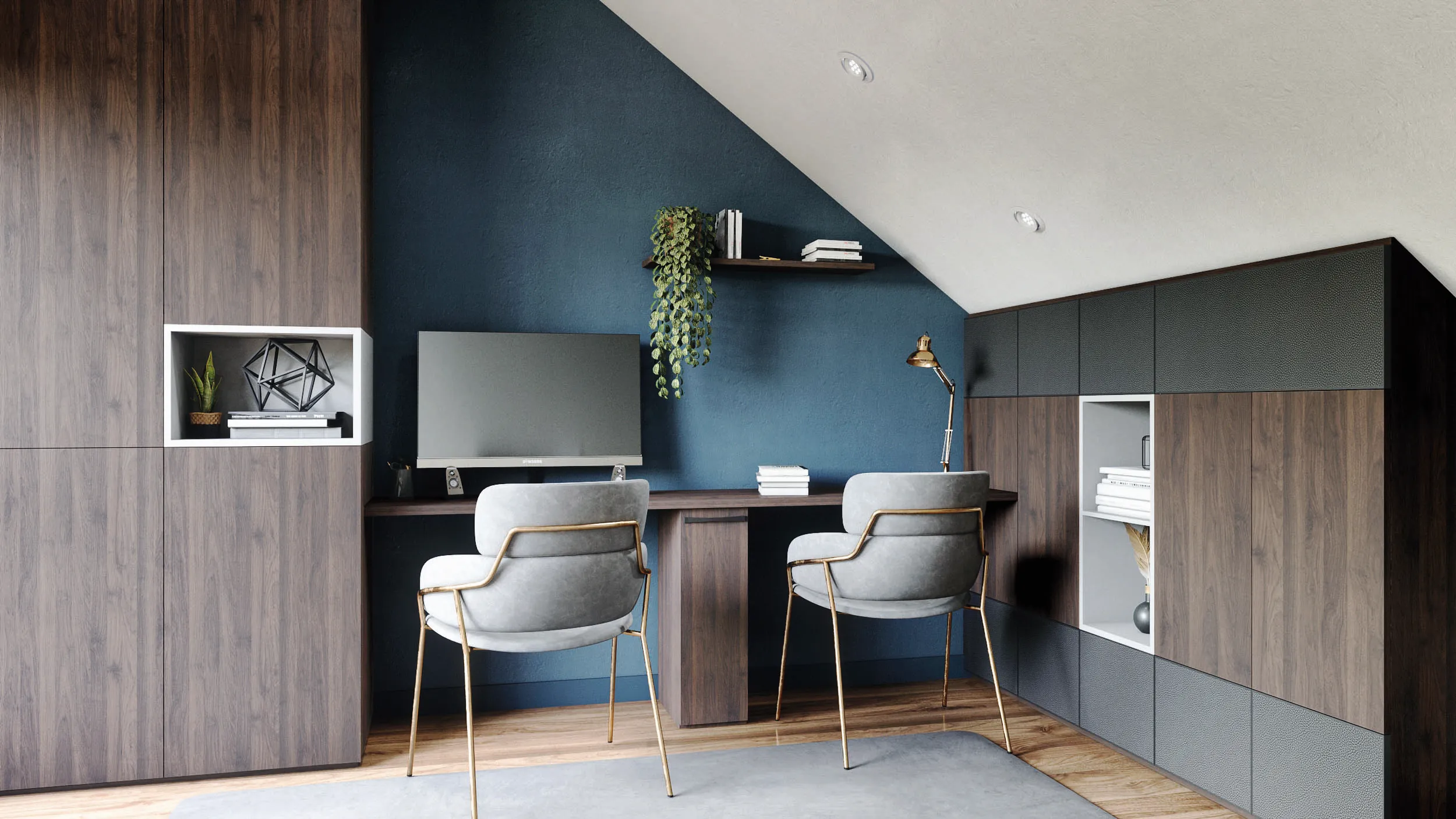 Bureau sur mesure sous pente avec rangements bois, niches décoratives et espace de travail double.