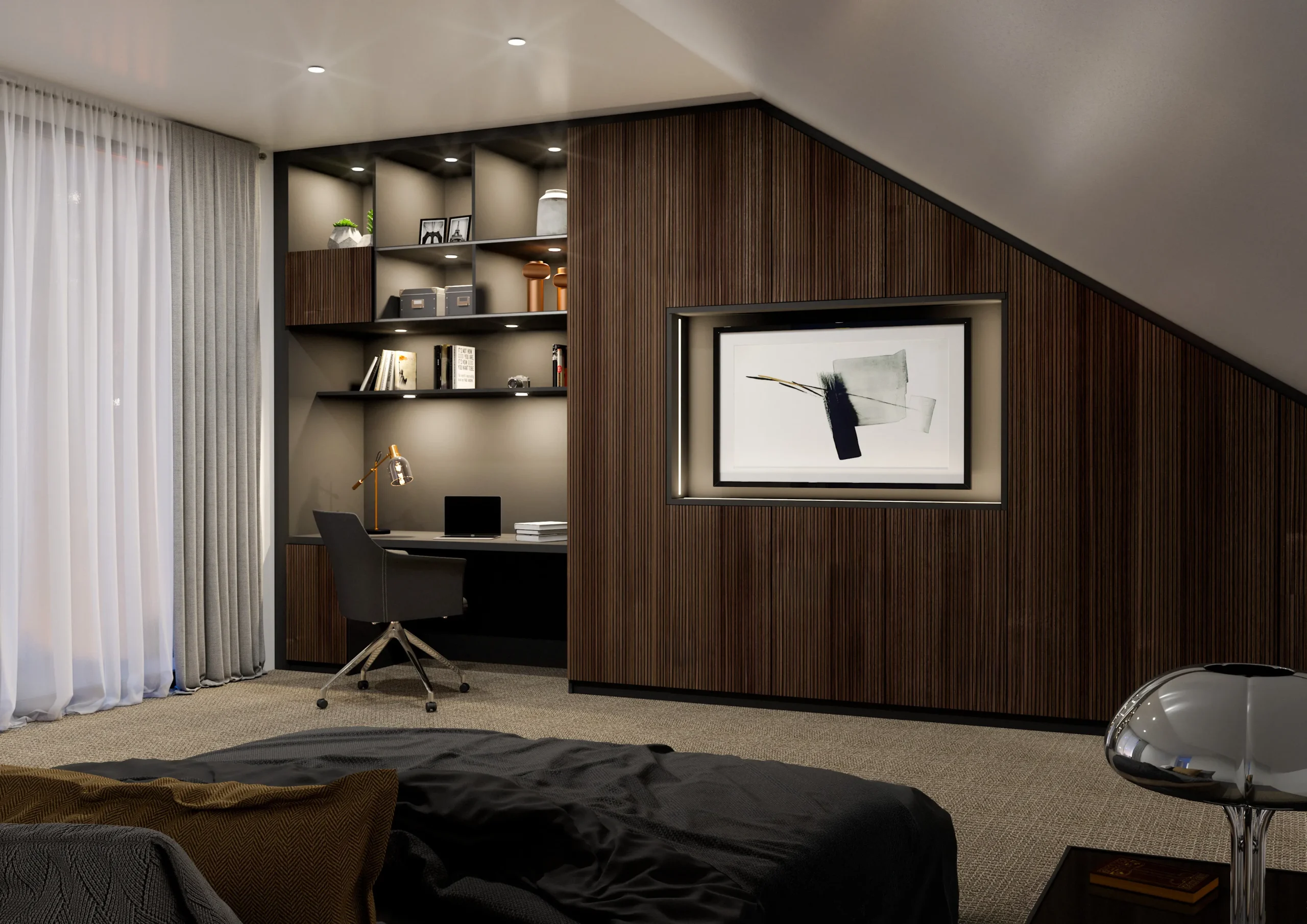 Bureau sur mesure aménagé sous pente avec rangements ouverts, façades bois rainuré et niche décorative éclairée.