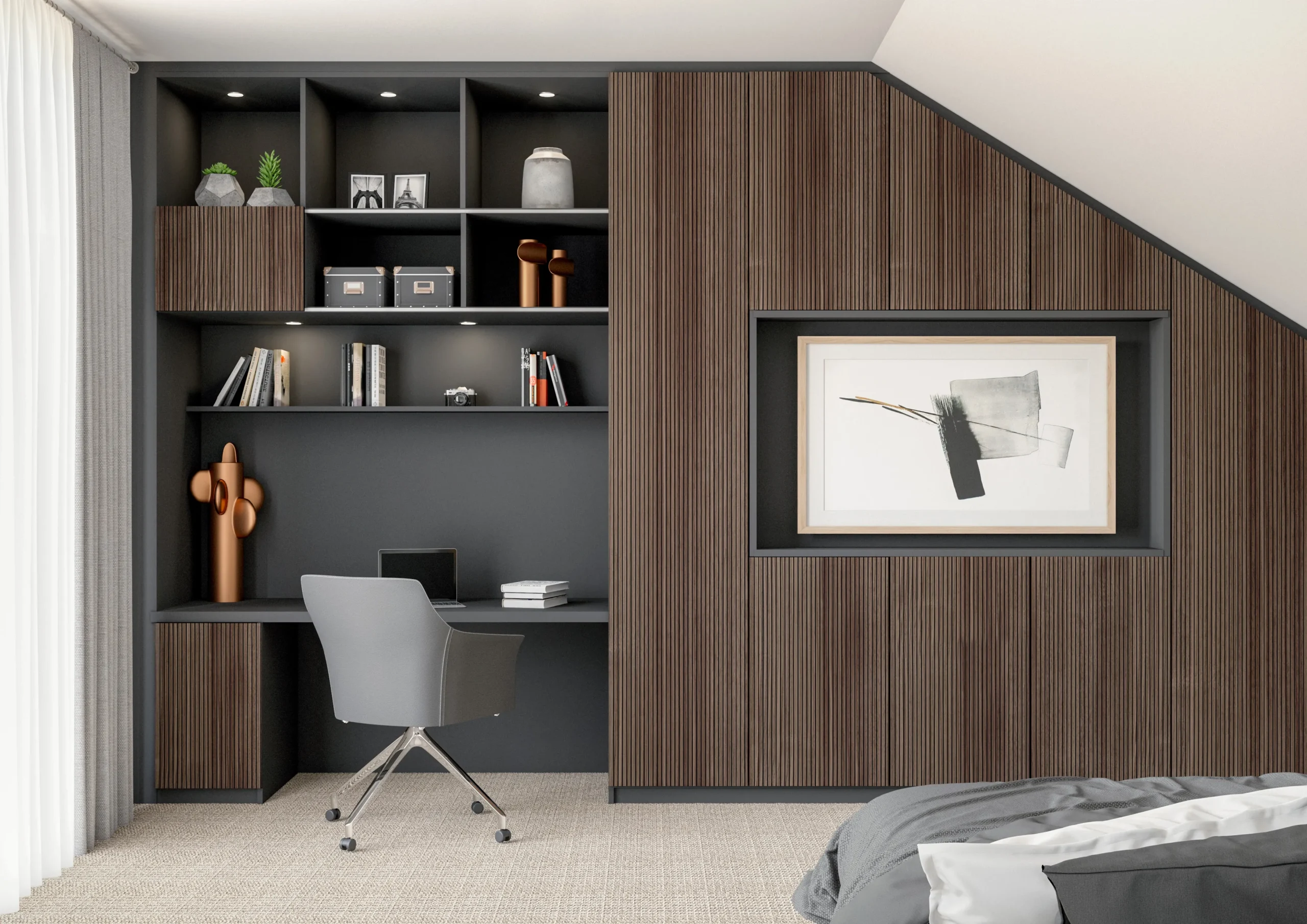 Bureau sur mesure sous pente avec rangements ouverts, façades décor bois rainuré, niche encadrée et espace de travail intégré.