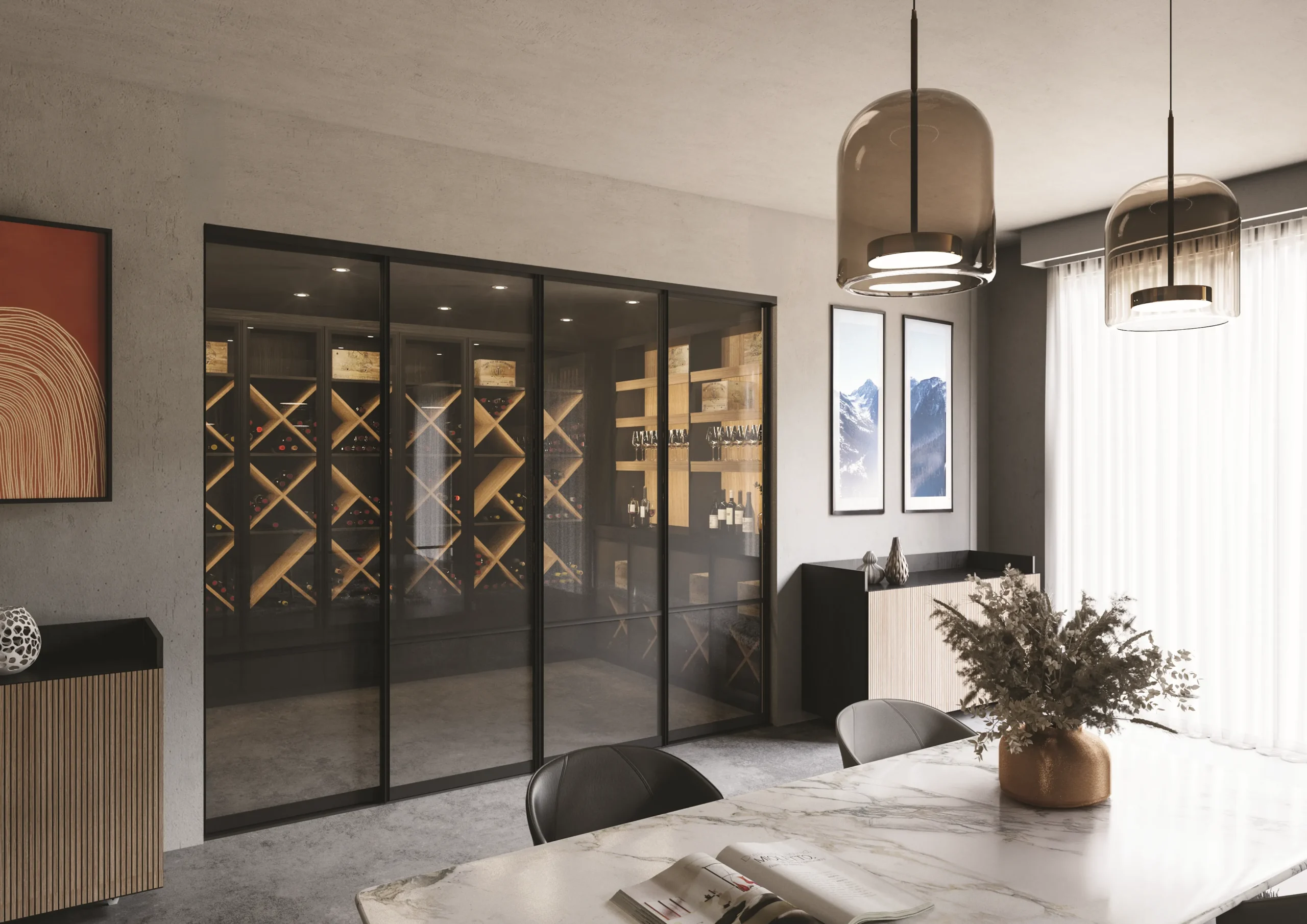 Cave à vin sur mesure avec portes vitrées coulissantes, casiers bois, éclairage intégré et espace dégustation attenant.