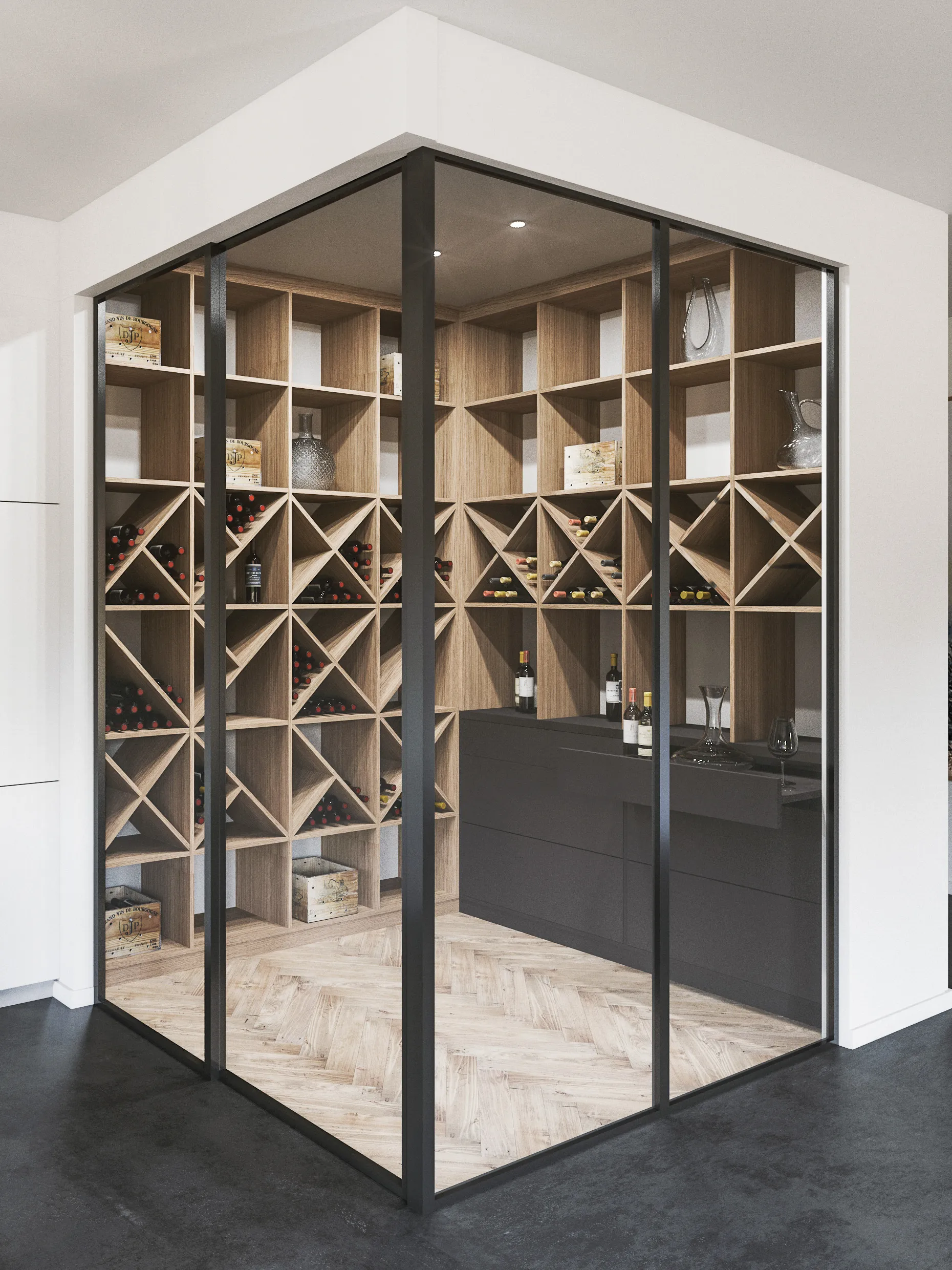 Cave à vin sur mesure fermée par des parois vitrées noires, avec casiers en bois, zone de dégustation et rangements dédiés aux bouteilles.