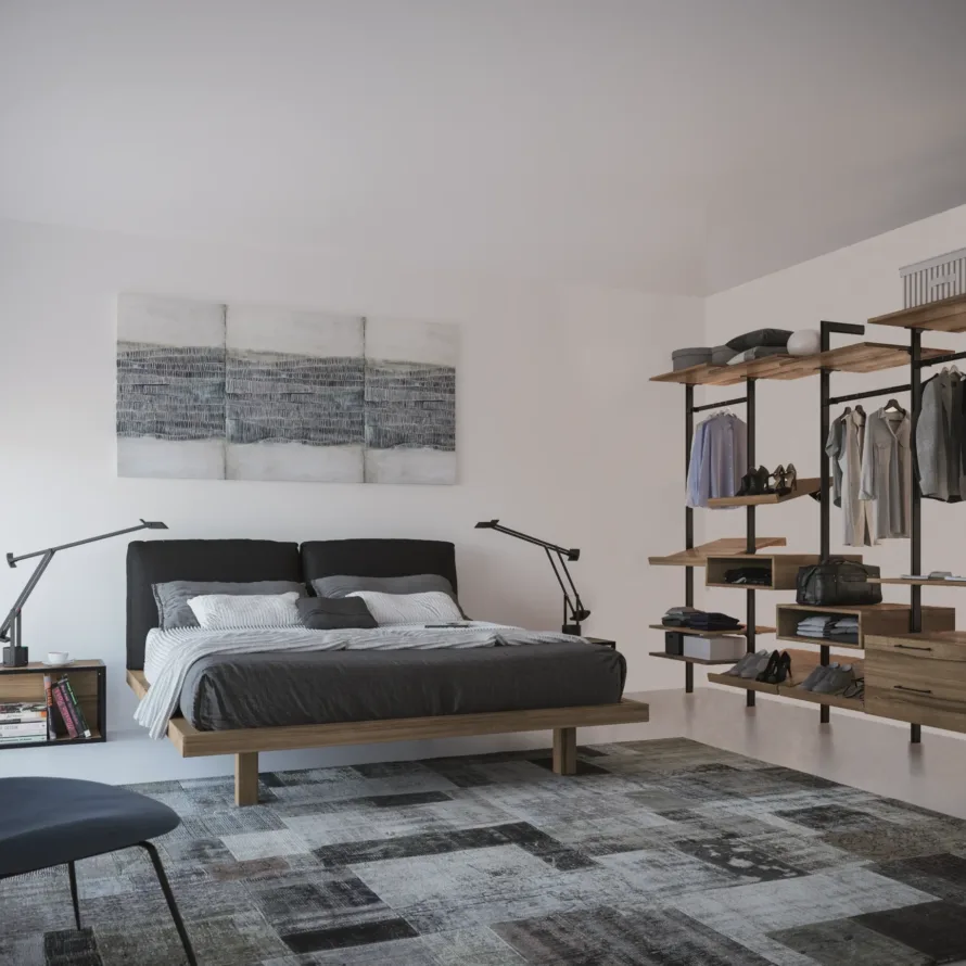 Chambre avec dressing ouvert sur-mesure, structure murale noire, étagères bois et espace de rangement intégré.