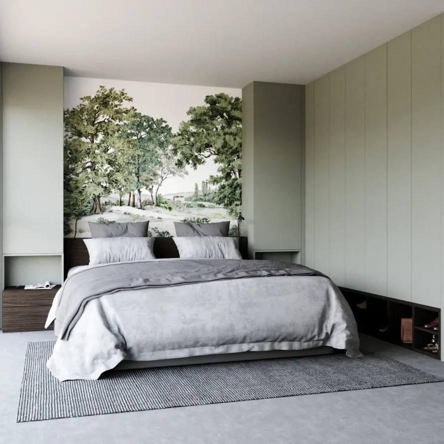 Chambre lumineuse avec rangements sur-mesure vert sauge, tête de lit bois et papier peint paysage végétal.