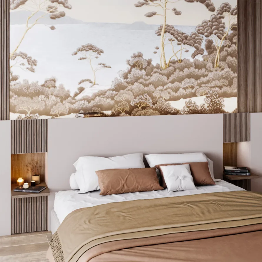 Chambre parentale avec tête de lit sur-mesure, chevets intégrés, niches éclairées, panneaux bois et papier peint panoramique.
