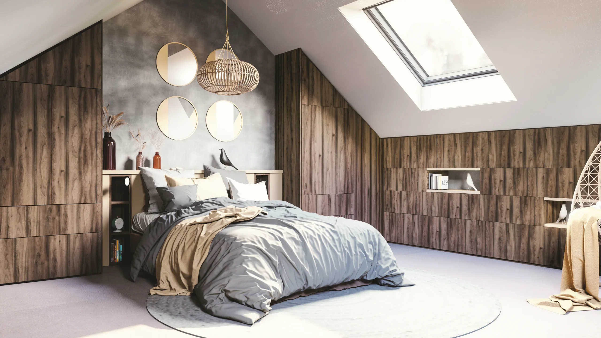 Chambre sous combles avec rangements sur mesure effet bois, tête de lit intégrée, niches décoratives et fenêtre de toit.
