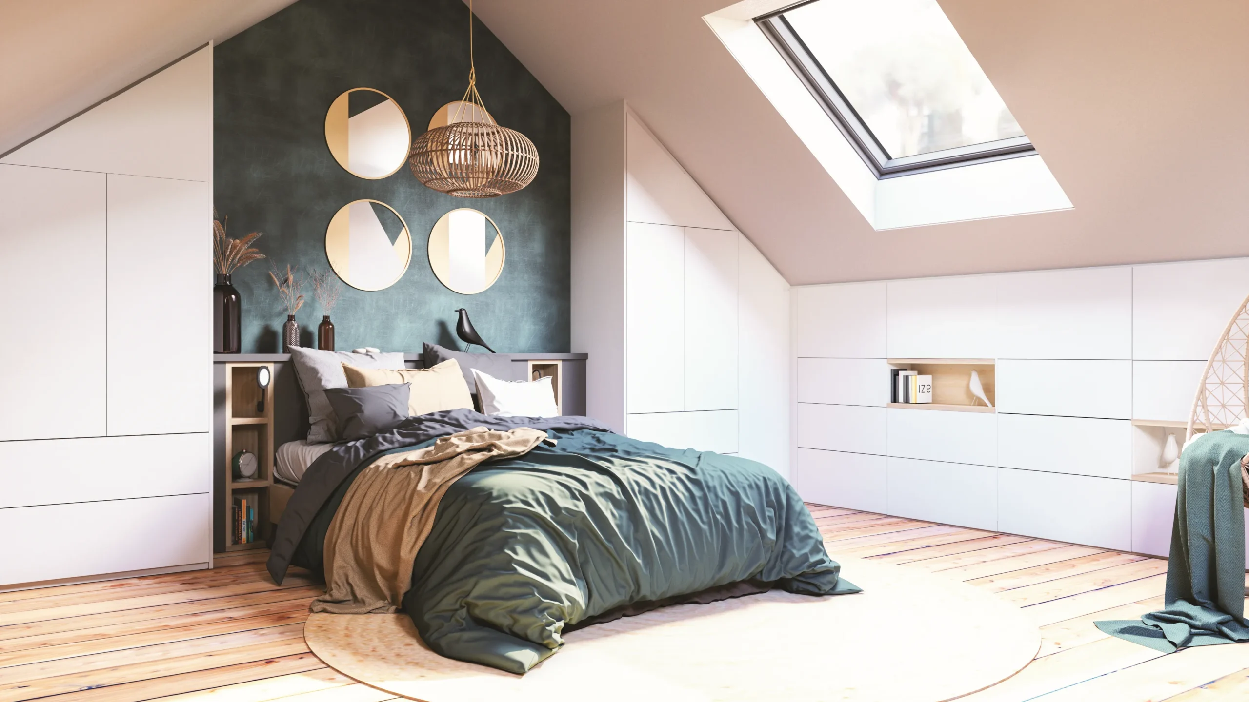 Chambre sous combles lumineuse avec rangements sur mesure blancs, niches ouvertes et aménagement adapté à la pente du toit.