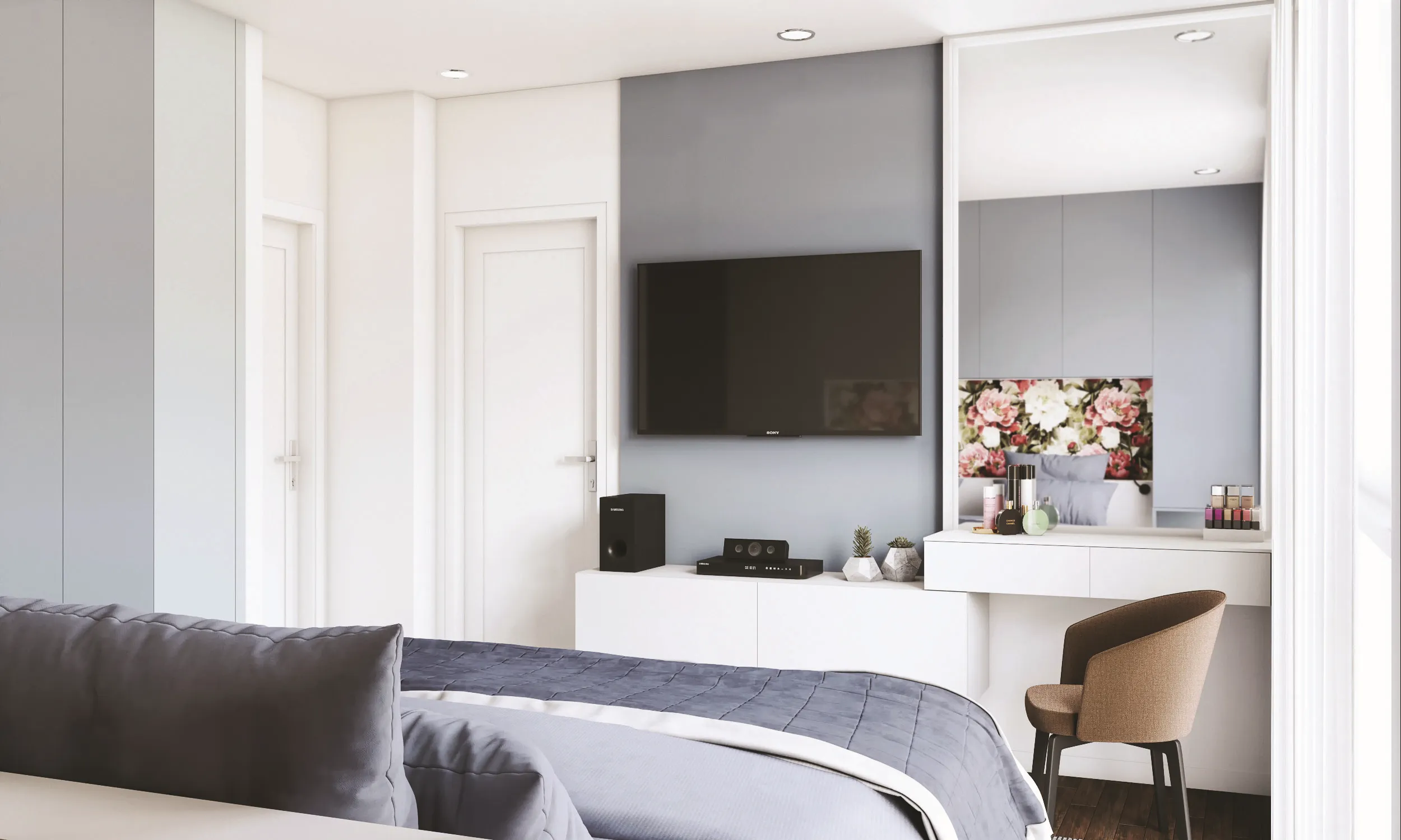 Chambre sur mesure avec meuble TV suspendu, coiffeuse intégrée, grand miroir et rangements blancs épurés.