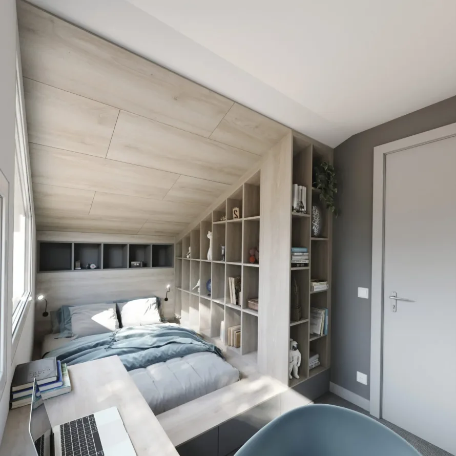 Chambre sur mesure compacte avec lit intégré, bureau sous fenêtre, bibliothèque latérale et habillage décor bois clair.