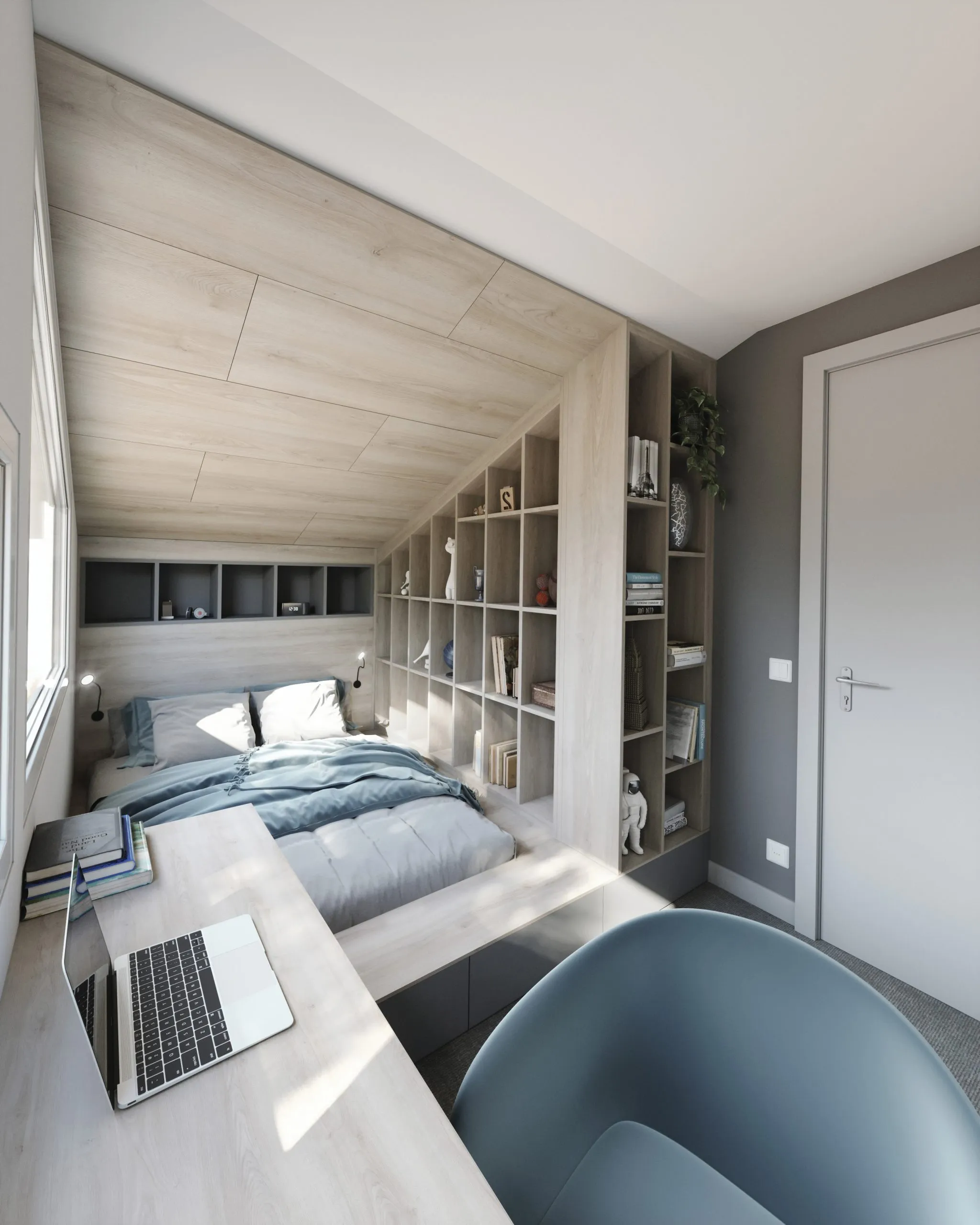 Chambre sur mesure compacte avec lit intégré, bureau sous fenêtre, bibliothèque latérale et habillage décor bois clair.
