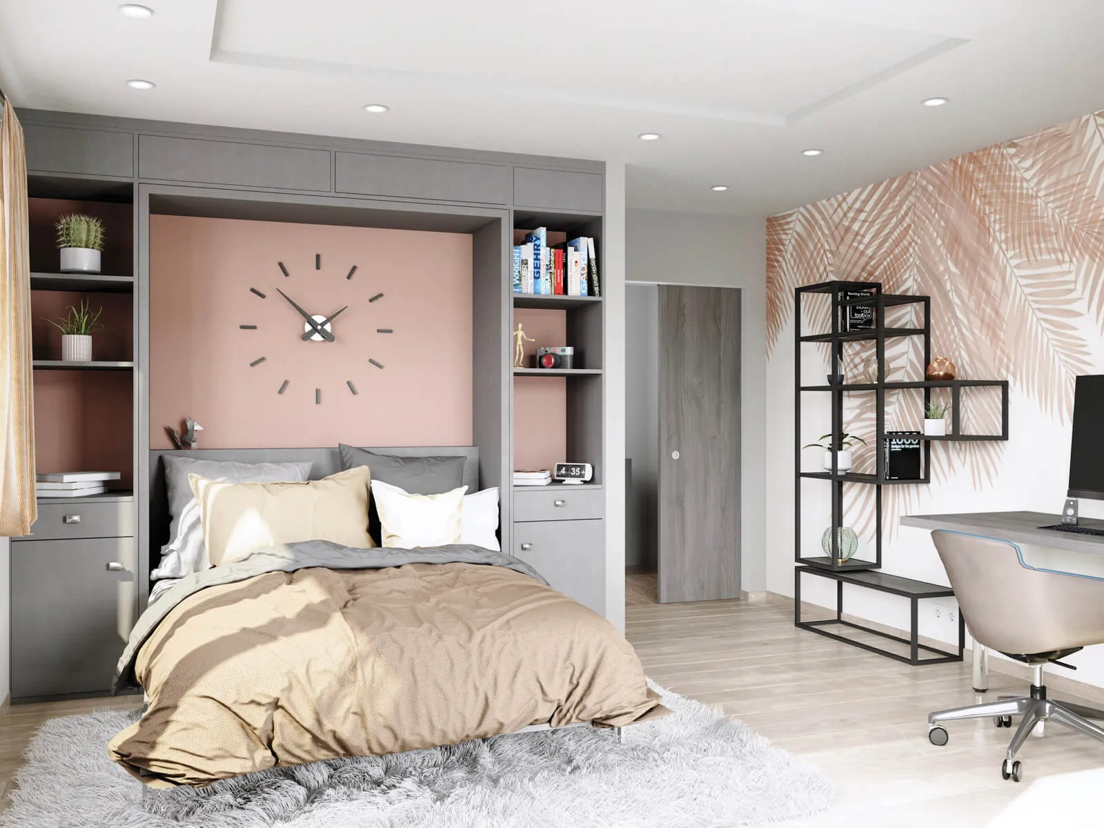 Chambre sur mesure avec lit encadré de rangements, tête de lit rose poudré, bureau intégré et étagère murale graphique.