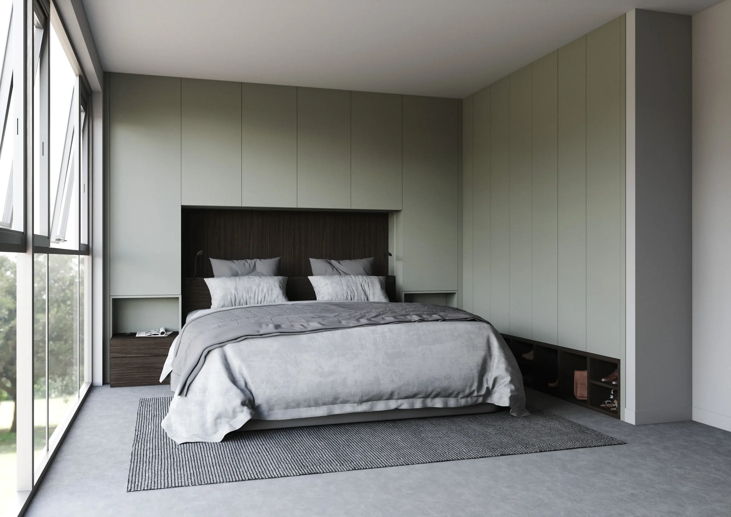 Chambre sur mesure avec meuble pont autour du lit, rangements toute hauteur, tête de lit bois et niches ouvertes en partie basse.