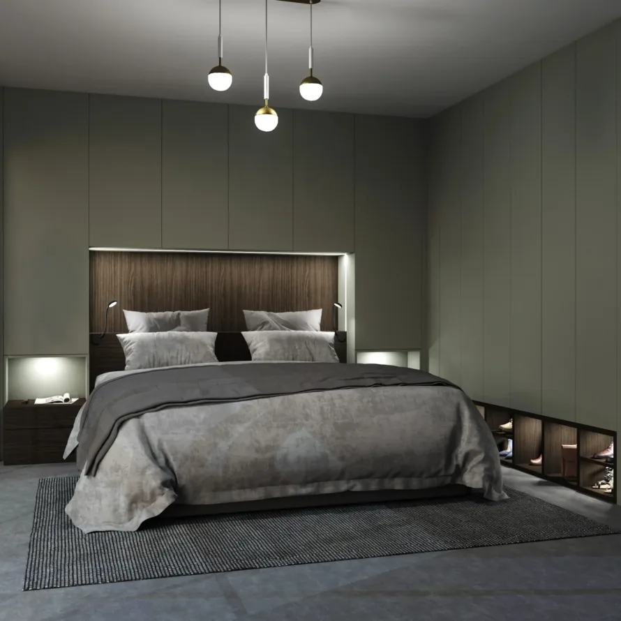 Chambre sur mesure avec meuble pont, tête de lit bois, éclairage intégré et rangements bas ouverts autour du lit.