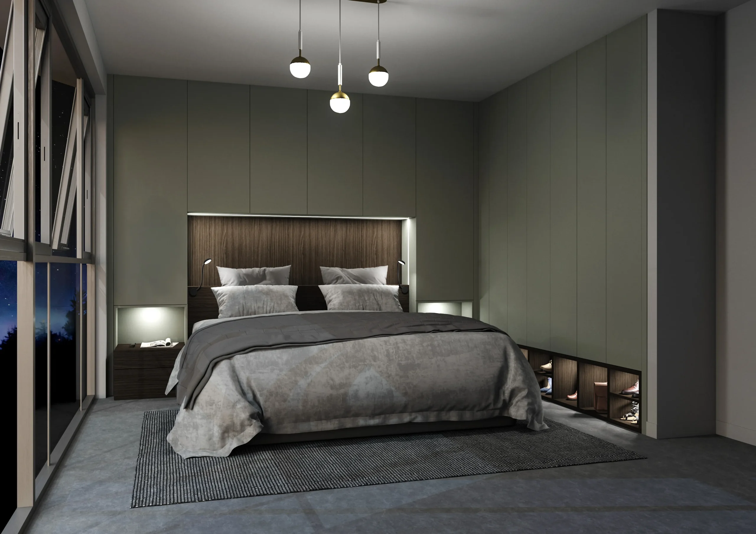 Chambre sur mesure avec meuble pont, tête de lit bois, éclairage intégré et rangements bas ouverts autour du lit.