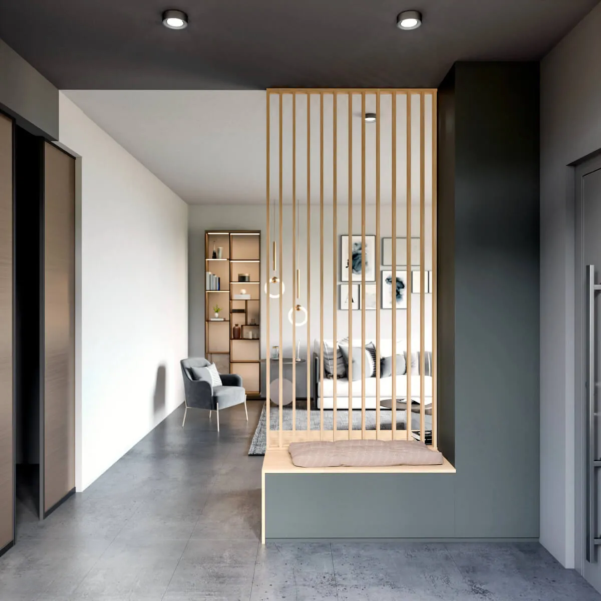 Claustra sur mesure en décor bois avec banquette intégrée, rangement bas et séparation ajourée entre entrée et salon.