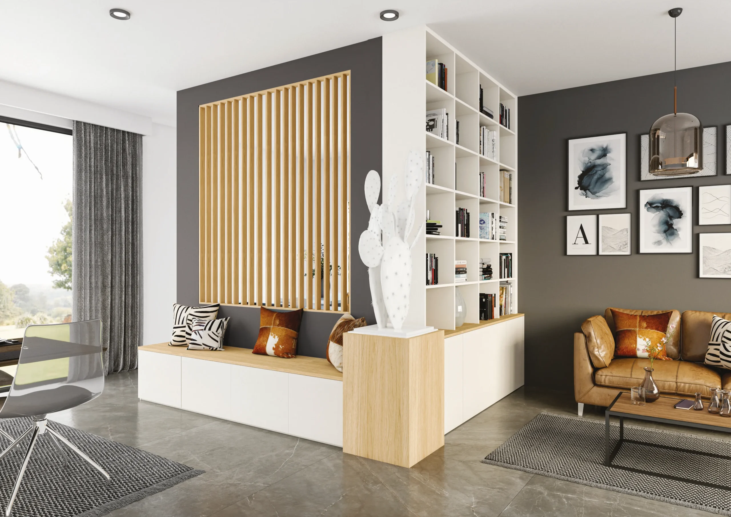 Aménagement sur mesure avec claustra bois, banquette, rangements bas et bibliothèque ouverte pour structurer le séjour.