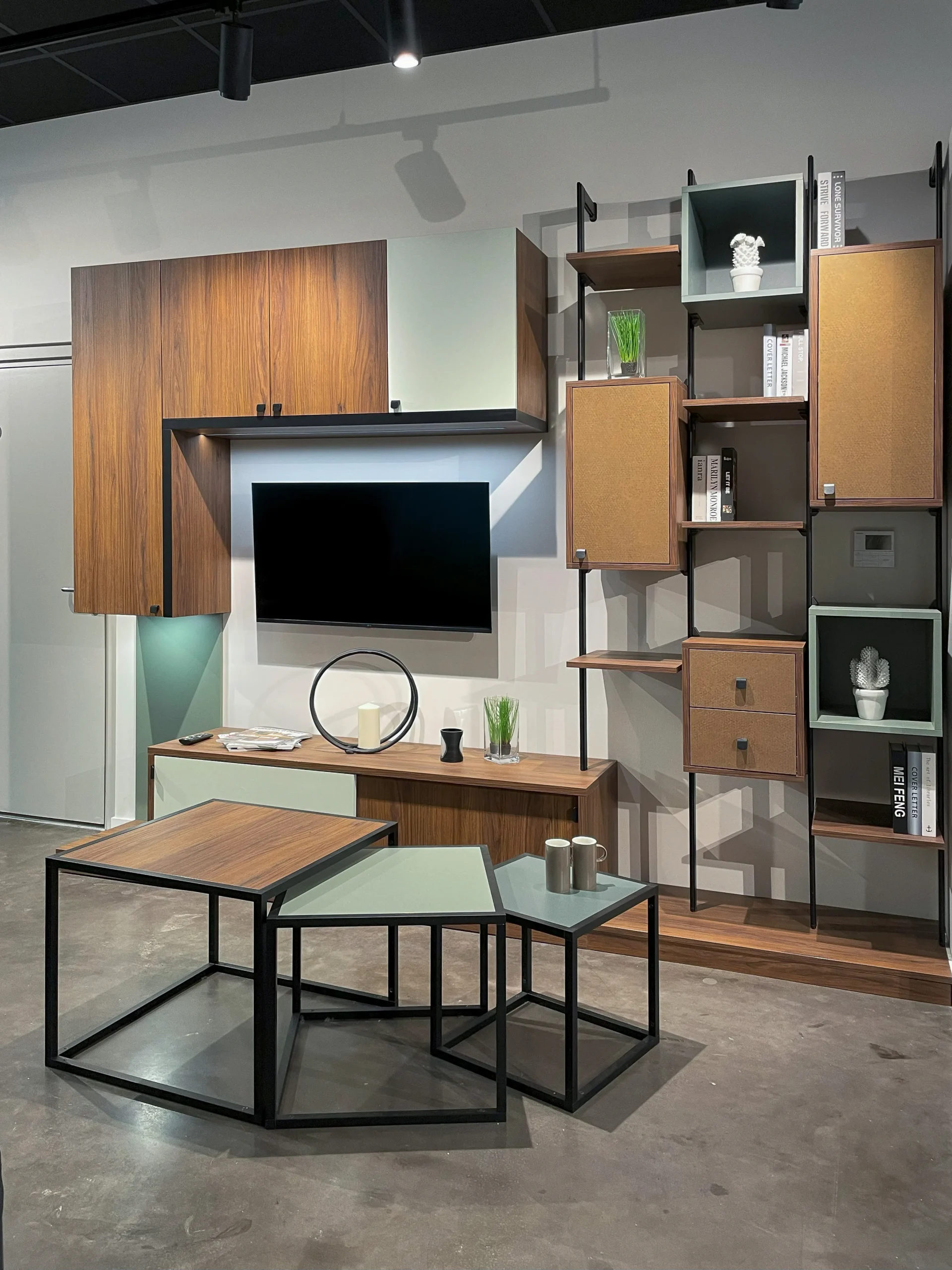Meuble TV sur-mesure avec rangements bois, étagères modulaires sur structure noire et tables basses coordonnées.