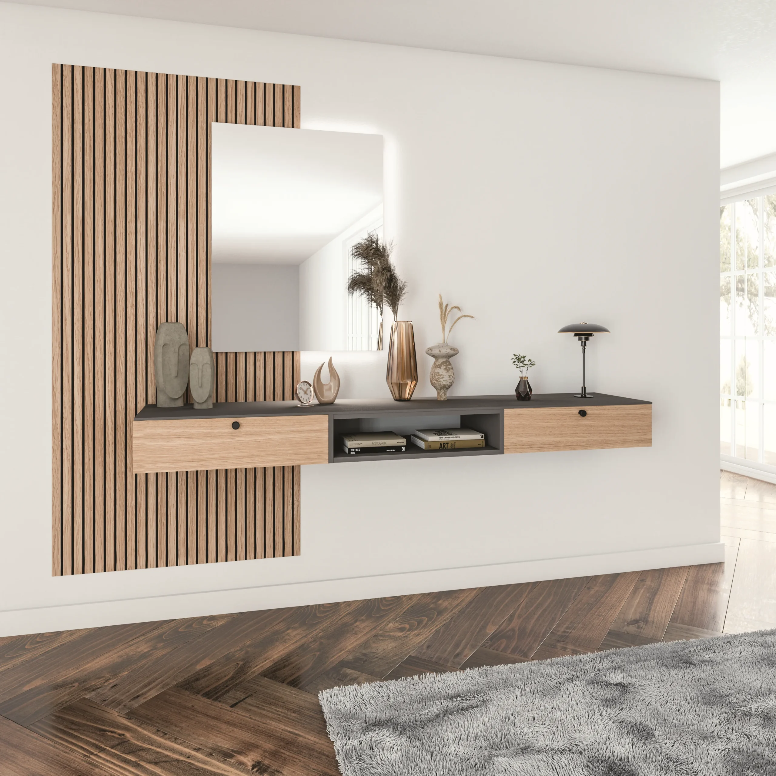 Console d’entrée sur mesure suspendue avec tiroirs, niche centrale, miroir éclairé et panneau mural décor bois.