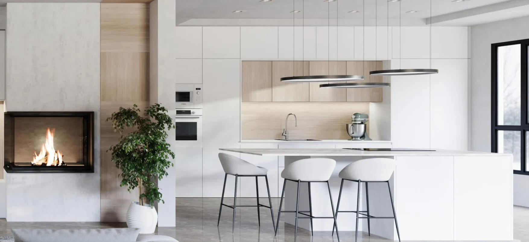 Cuisine lumineuse blanche et bois avec îlot central, tabourets hauts, suspensions design et cheminée intégrée dans un espace ouvert.