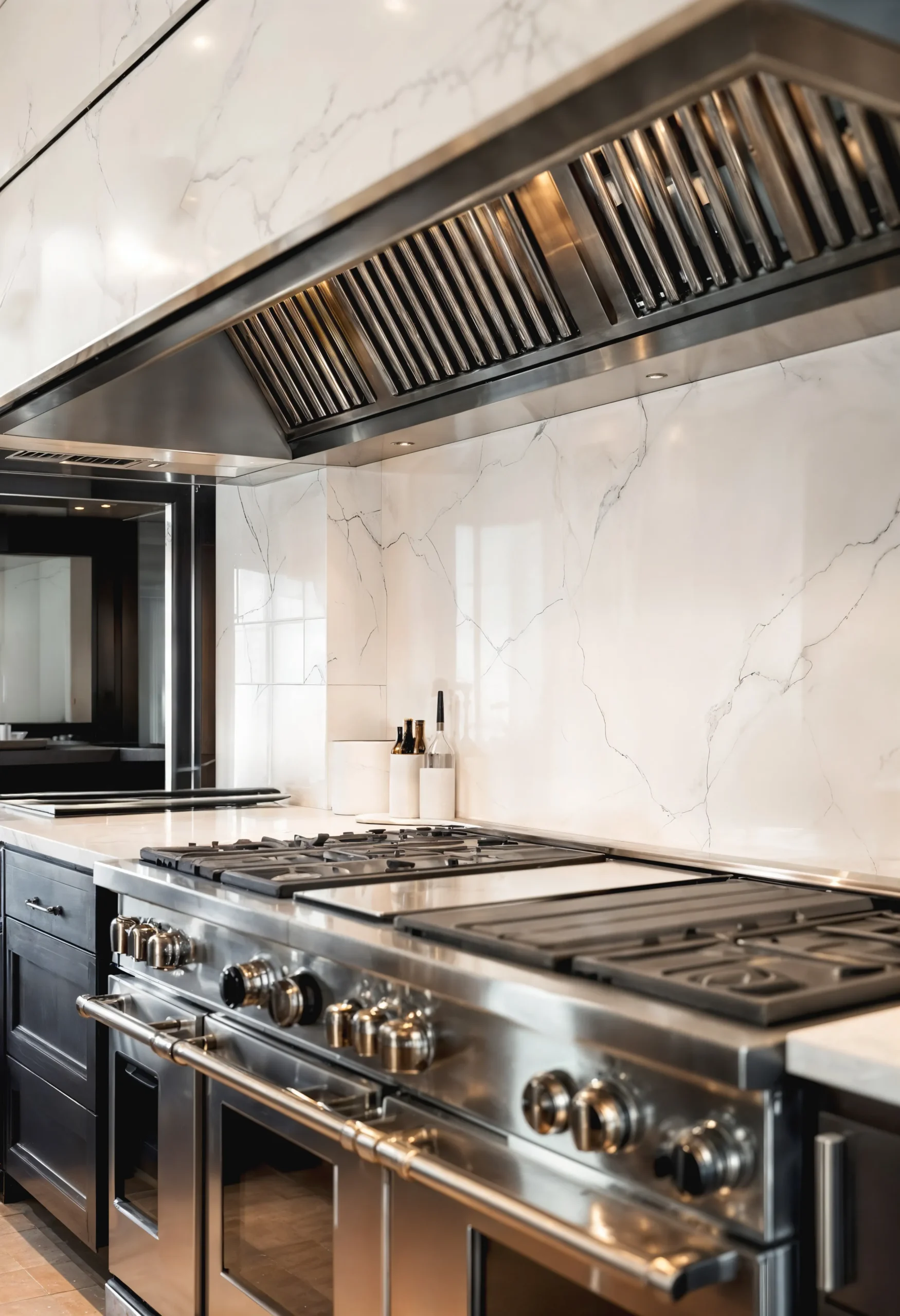 Cuisine haut de gamme avec piano de cuisson inox, grande hotte professionnelle et crédence effet marbre dans un style élégant et contemporain.