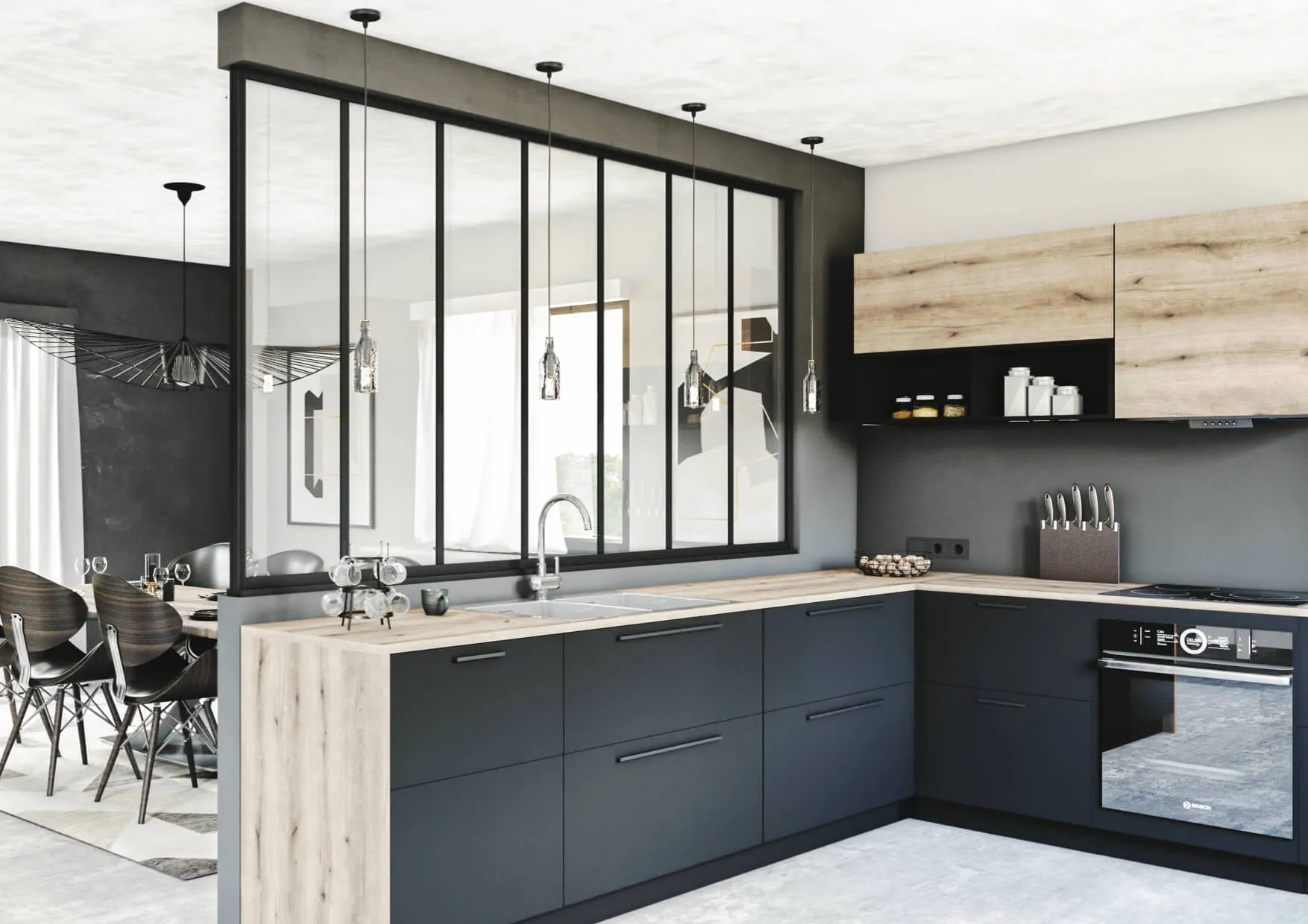 Cuisine sur mesure avec verrière atelier noire, façades foncées, plans décor bois et ouverture visuelle vers la salle à manger.