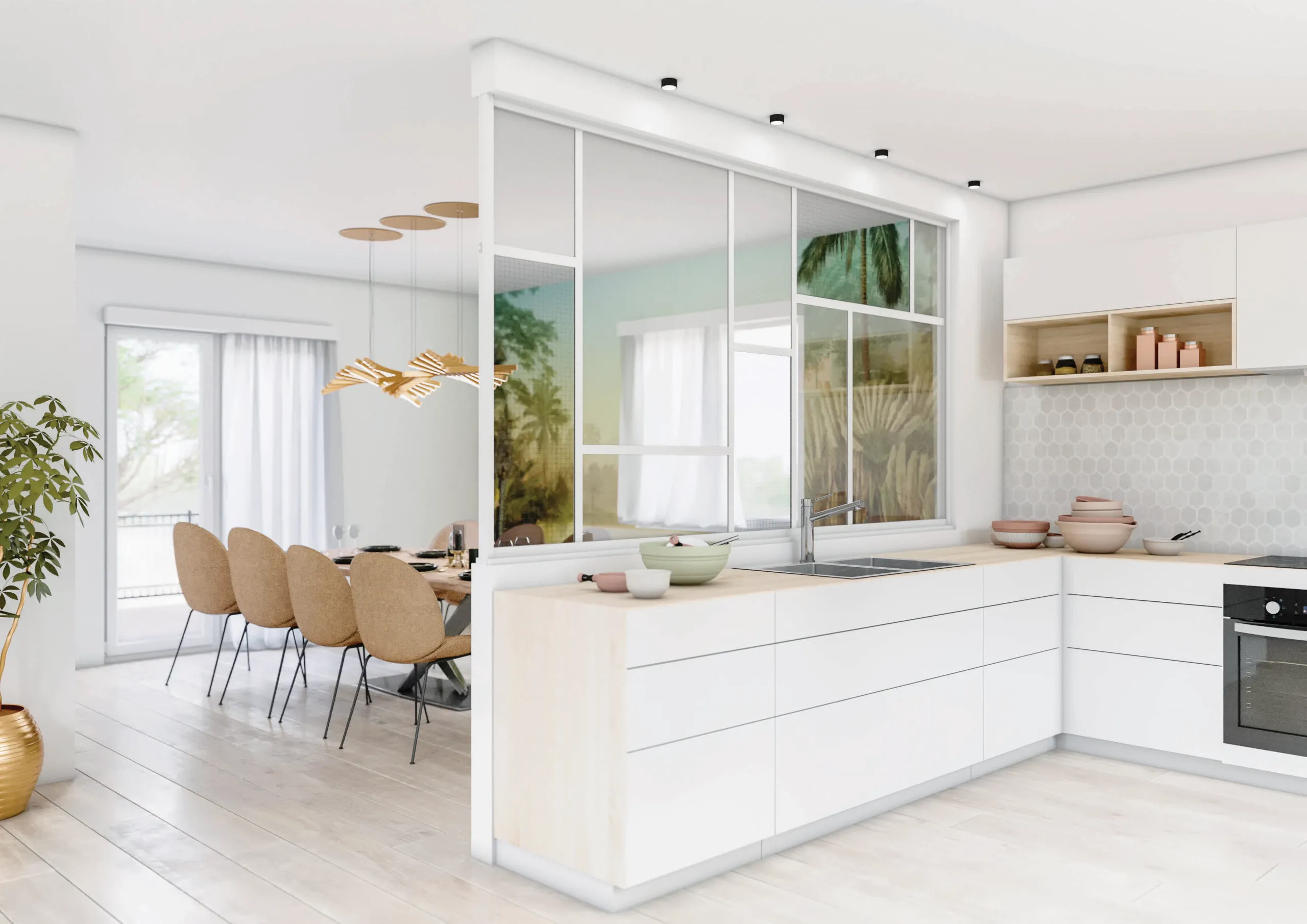 Cuisine sur mesure blanche avec verrière intérieure, meubles épurés et ouverture visuelle vers la salle à manger.