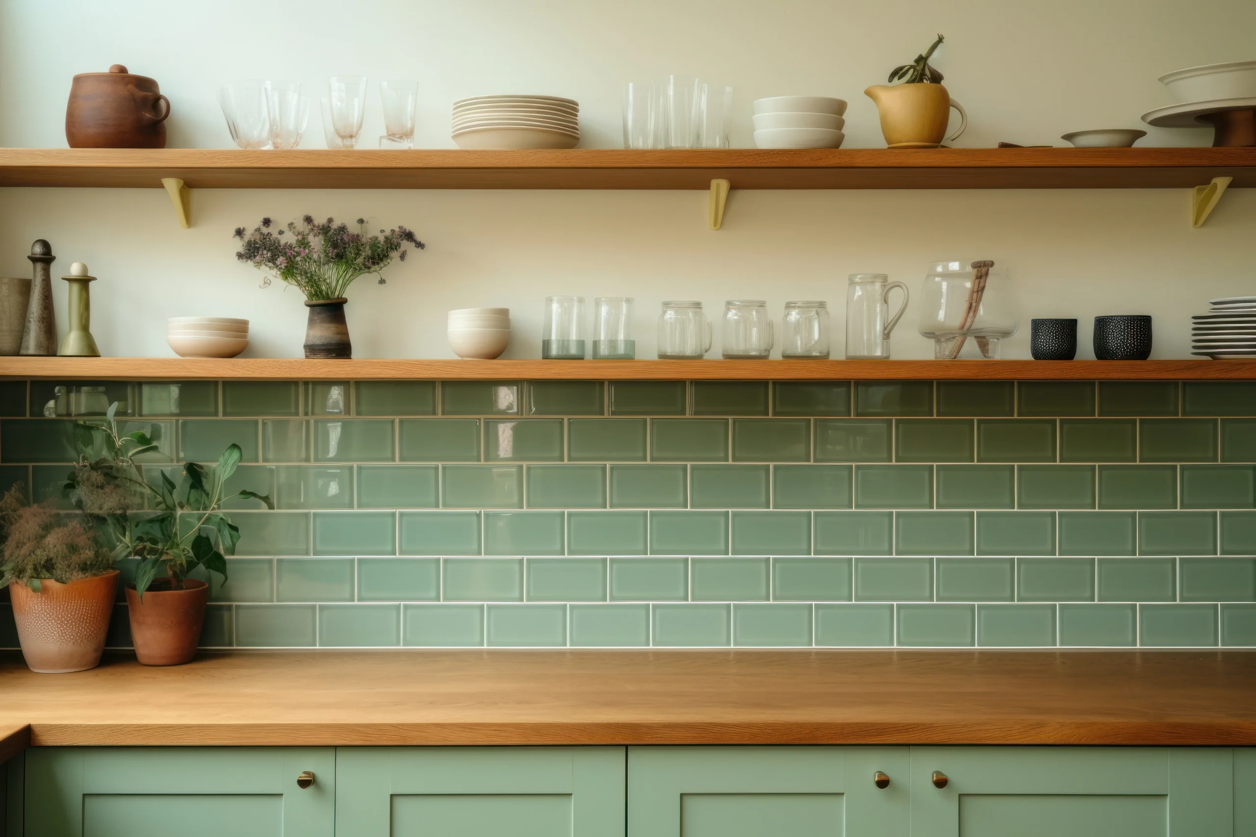 Cuisine verte avec façades à cadre, plan de travail bois, crédence en carreaux verts et étagères ouvertes pour la vaisselle.